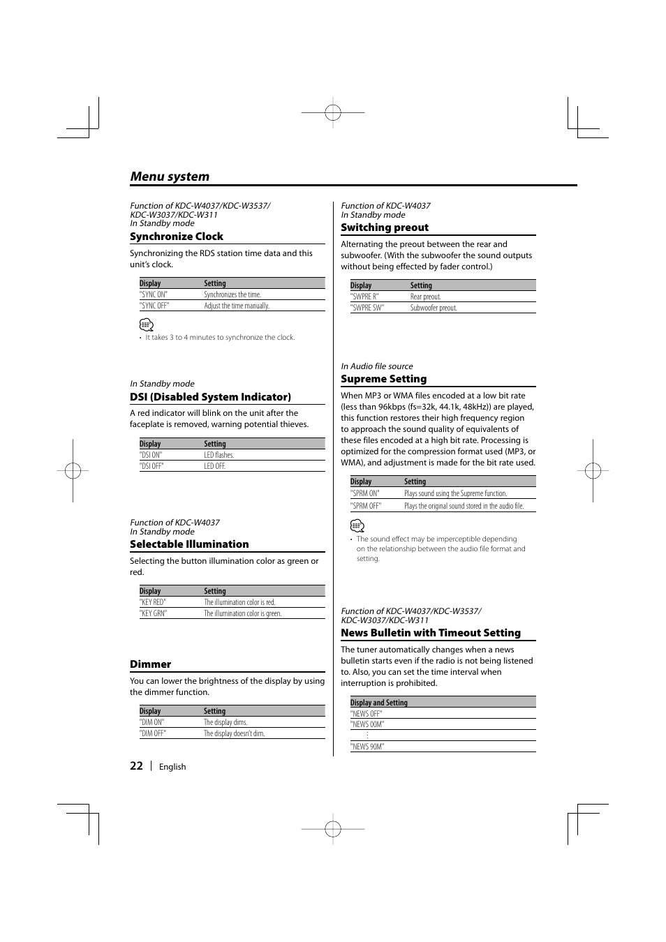 Menu system | Kenwood KDC-W4037 User Manual | Page 22 / 36