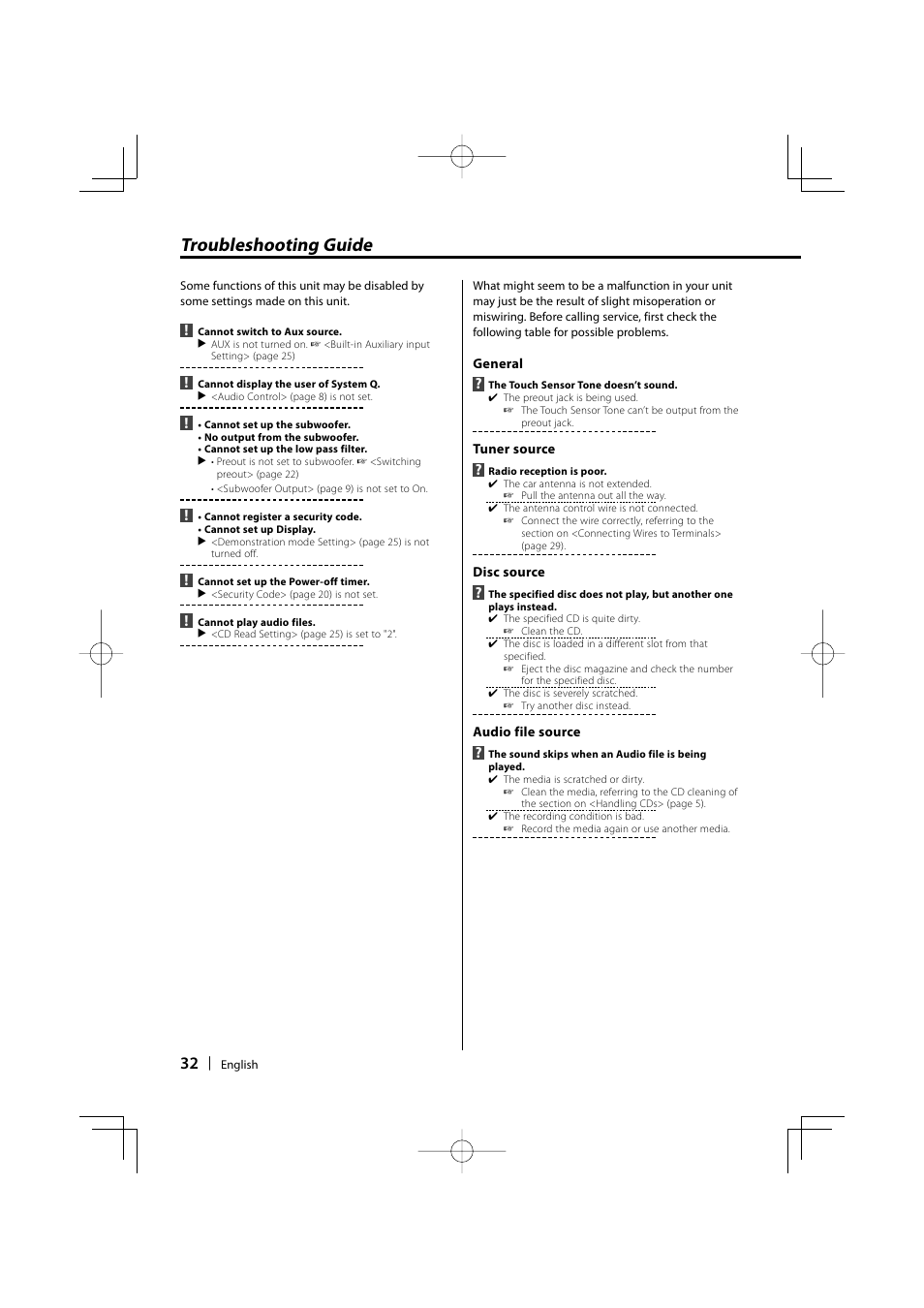 Troubleshooting guide | Kenwood KDC-W4037 User Manual | Page 32 / 36