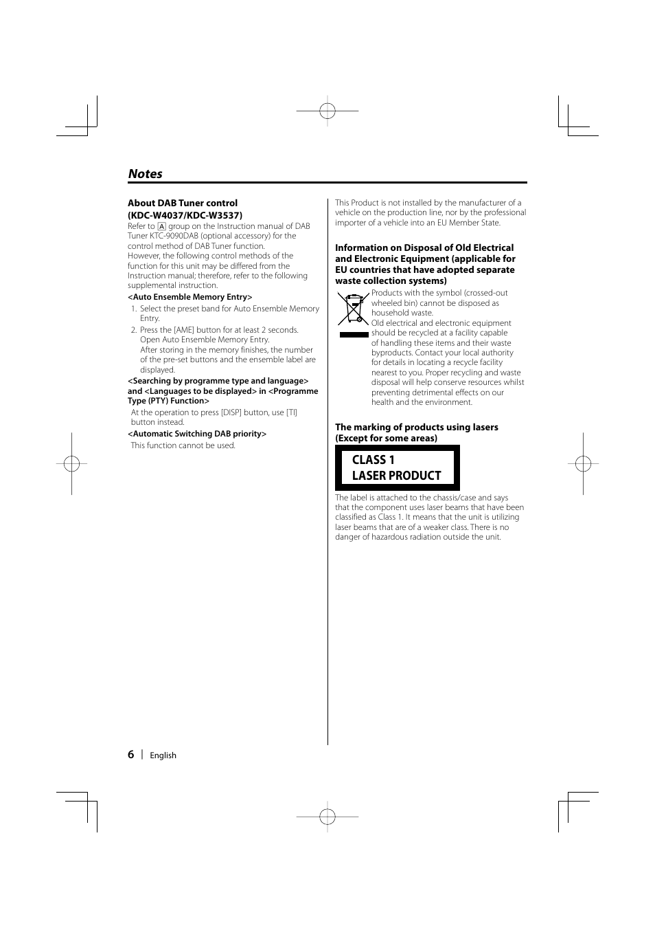 Class 1 laser product | Kenwood KDC-W4037 User Manual | Page 6 / 36