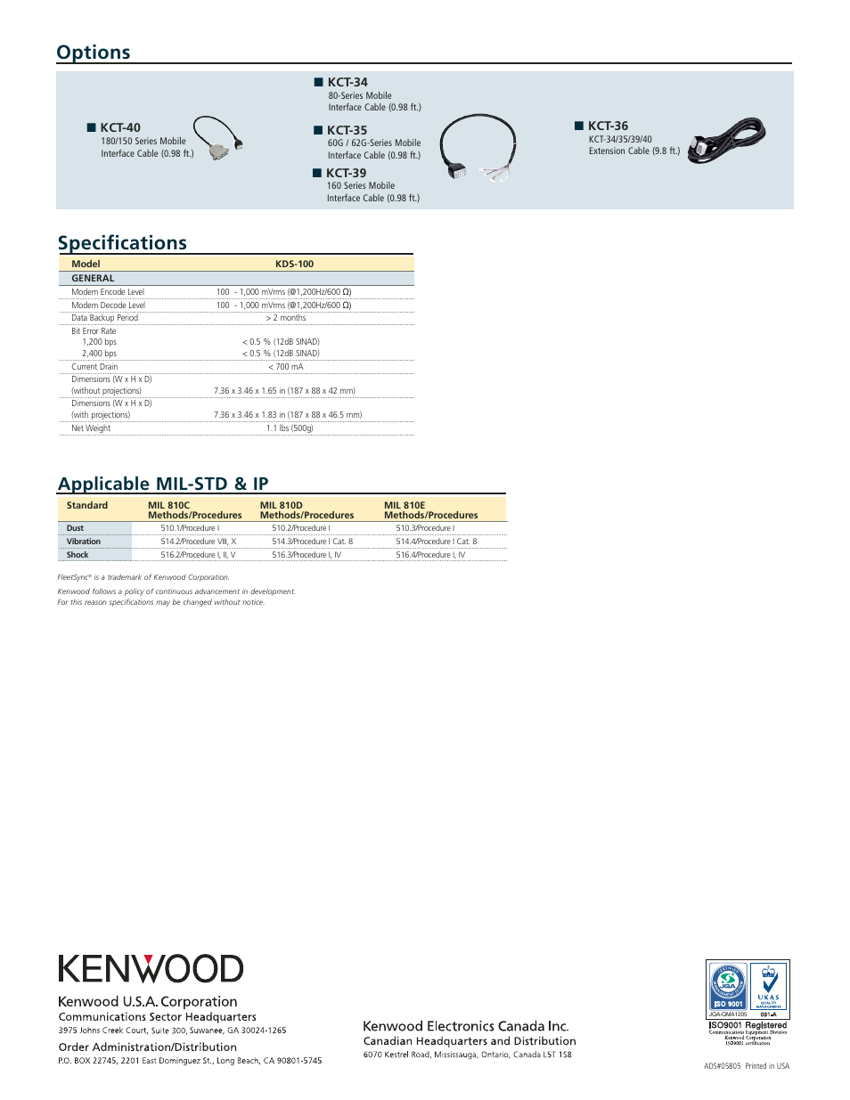 Options, Specifications, Applicable mil-std & ip | Kenwood FleetSync KDS-100 User Manual | Page 2 / 2