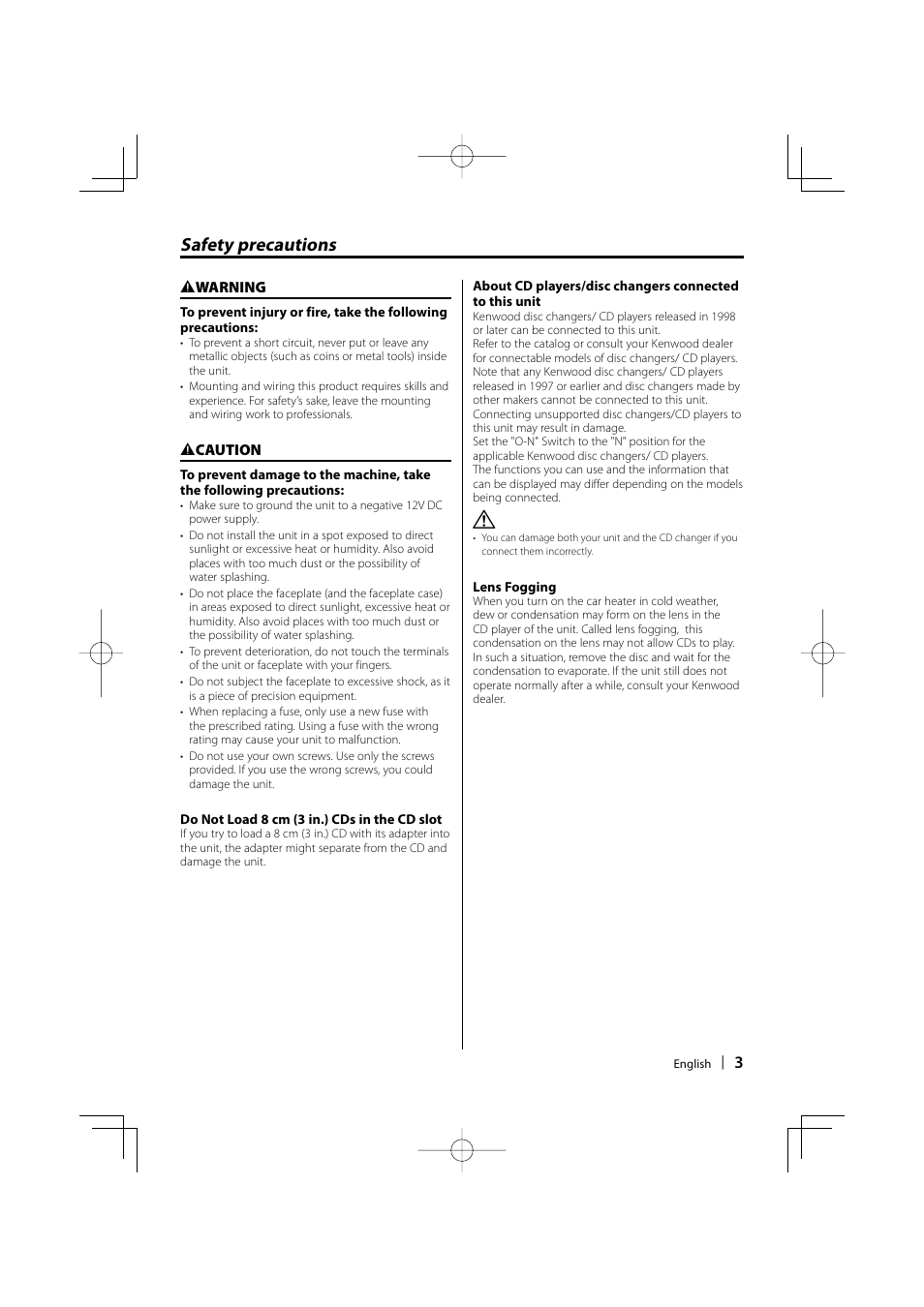 Safety precautions | Kenwood KDC-W311 User Manual | Page 3 / 36