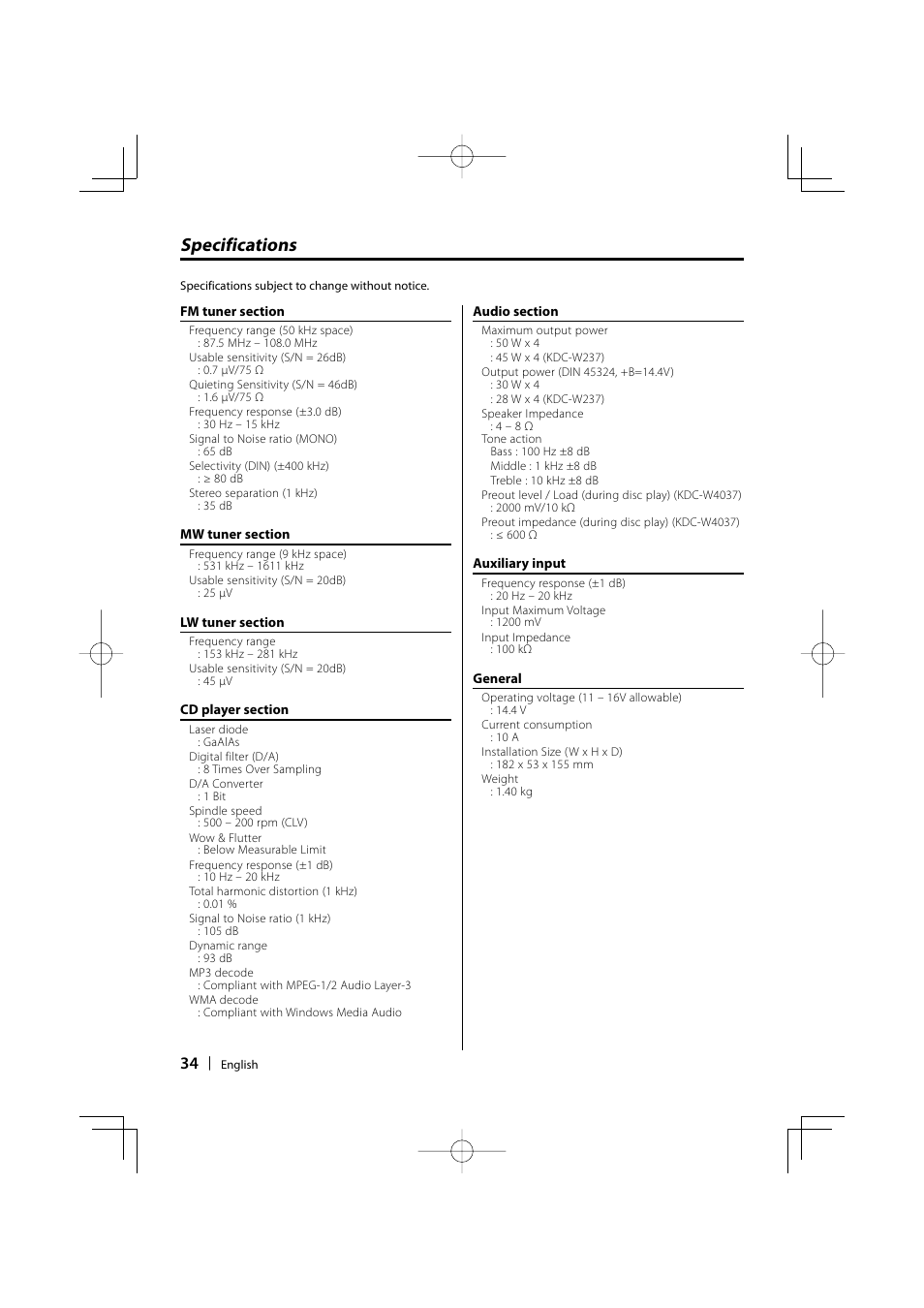 Specifications | Kenwood KDC-W311 User Manual | Page 34 / 36