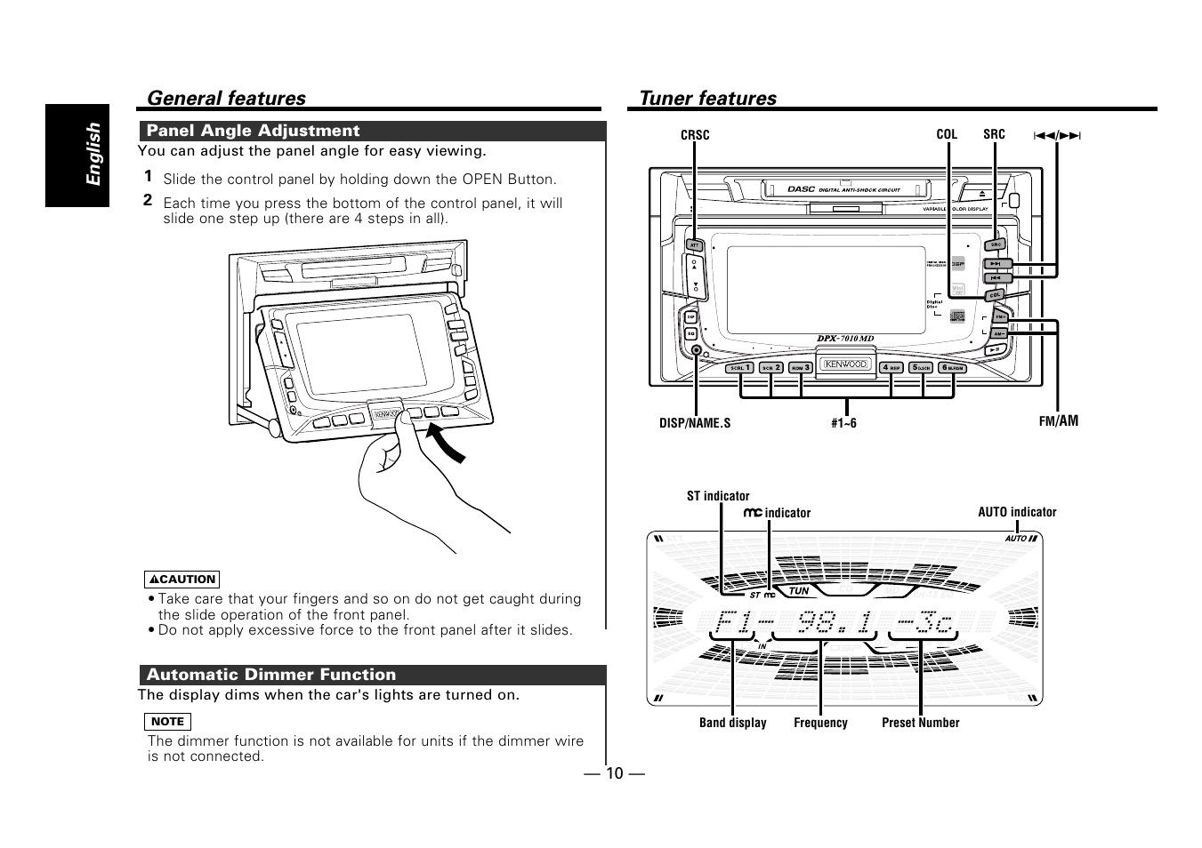 Panel angle adjustment, Automatic dimmer function, Tuner features | Tuner features general features, English, 21 panel angle adjustment | Kenwood DPX-7010MD User Manual | Page 10 / 36