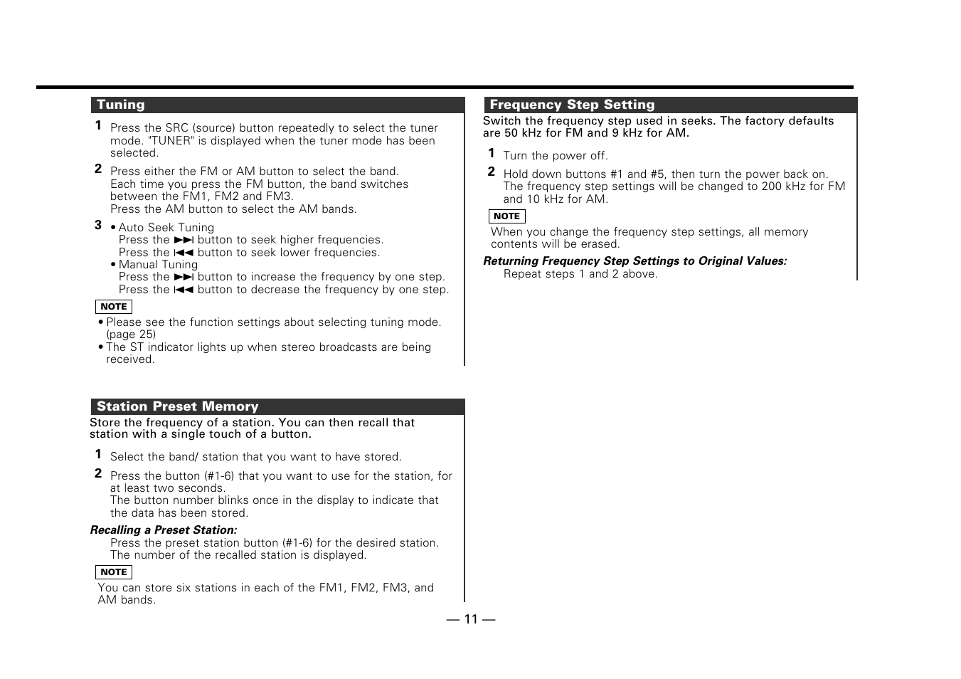 Tuning, Station preset memory, Frequency step setting | Kenwood DPX-7010MD User Manual | Page 11 / 36