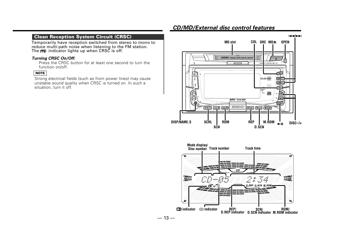 Clean reception system circuit (crsc), Cd/md/external disc control features | Kenwood DPX-7010MD User Manual | Page 13 / 36