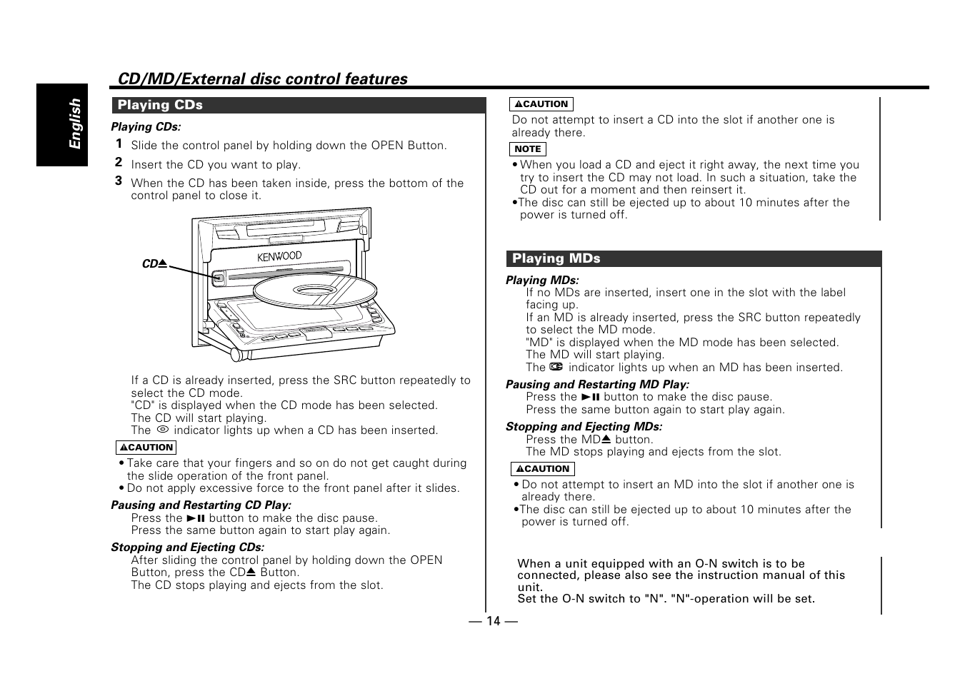 Playing cds, Playing mds, Cd/md/external disc control features | Kenwood DPX-7010MD User Manual | Page 14 / 36