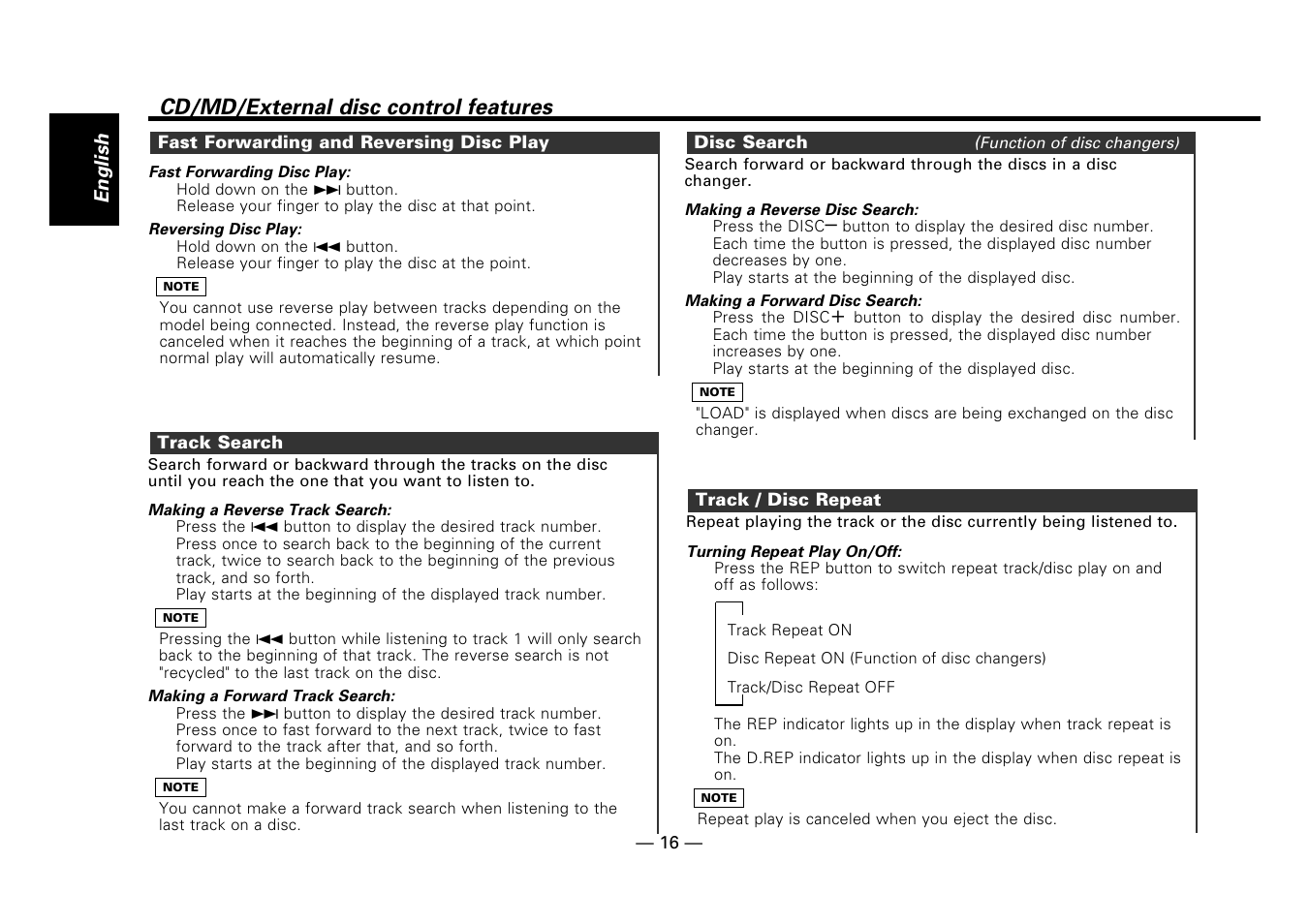 Fast forwarding and reversing disc play, Track search, Disc search | Track / disc repeat, Cd/md/external disc control features | Kenwood DPX-7010MD User Manual | Page 16 / 36