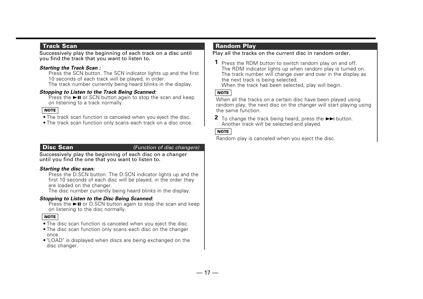 Track scan, Disc scan, Random play | Kenwood DPX-7010MD User Manual | Page 17 / 36