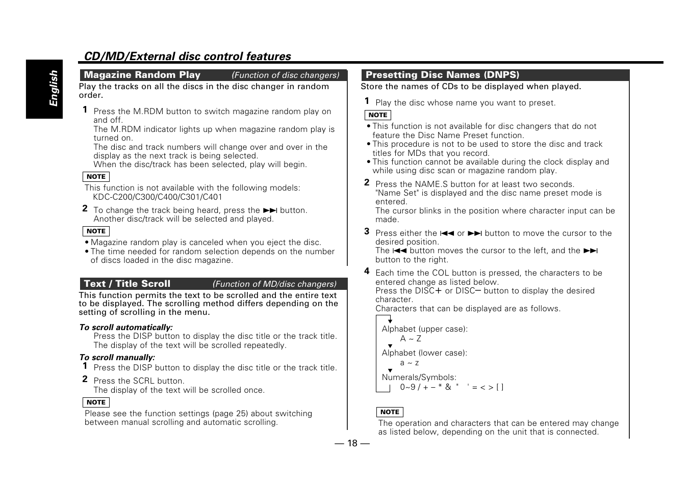 Magazine random play, Text / title scroll, Presetting disc names (dnps) | Cd/md/external disc control features | Kenwood DPX-7010MD User Manual | Page 18 / 36