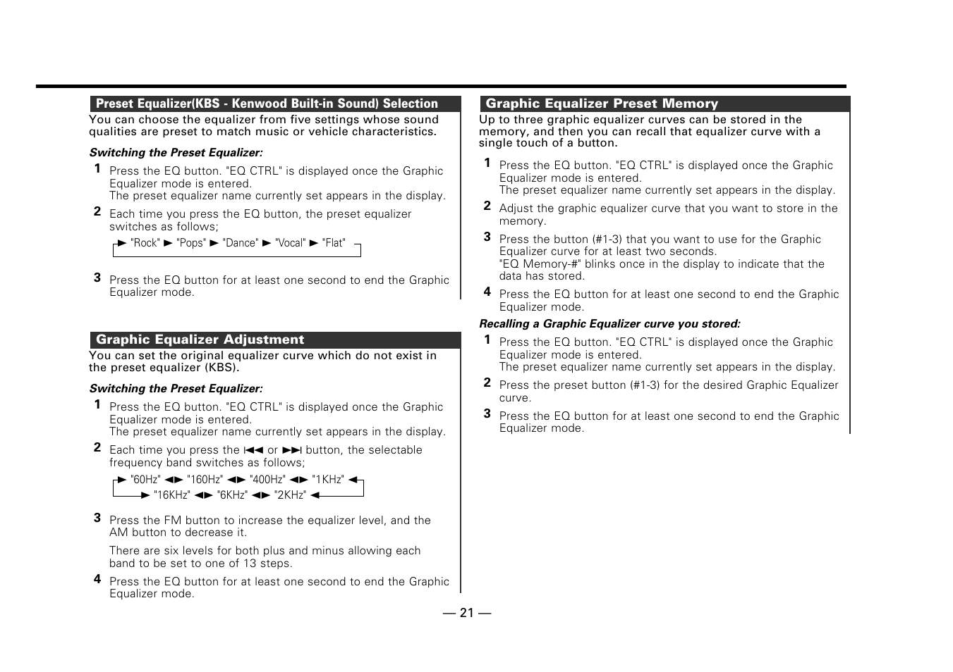 Graphic equalizer adjustment, Graphic equalizer preset memory | Kenwood DPX-7010MD User Manual | Page 21 / 36