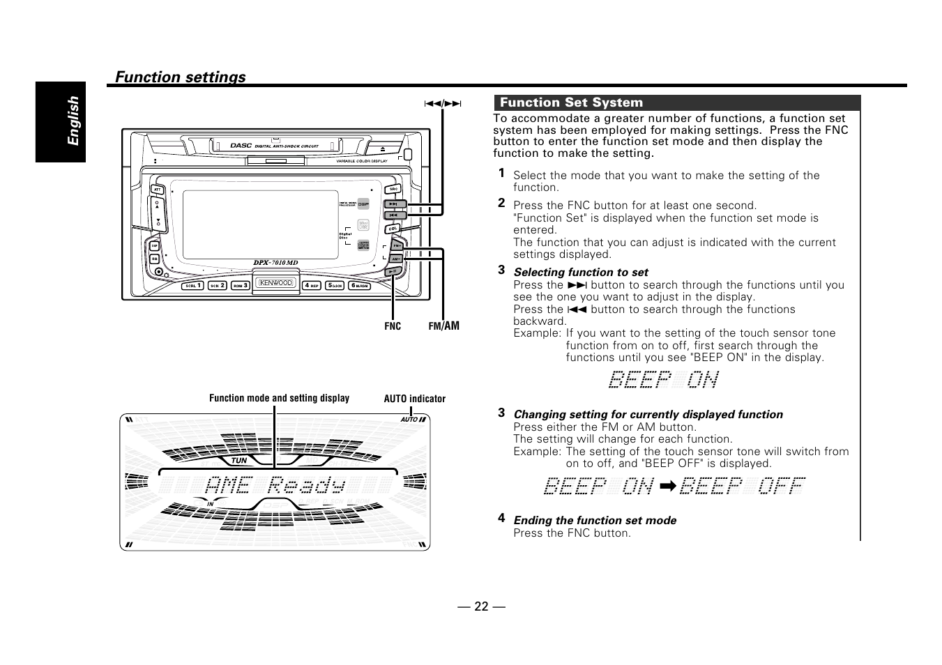 Function settings, Function set system, English | Kenwood DPX-7010MD User Manual | Page 22 / 36