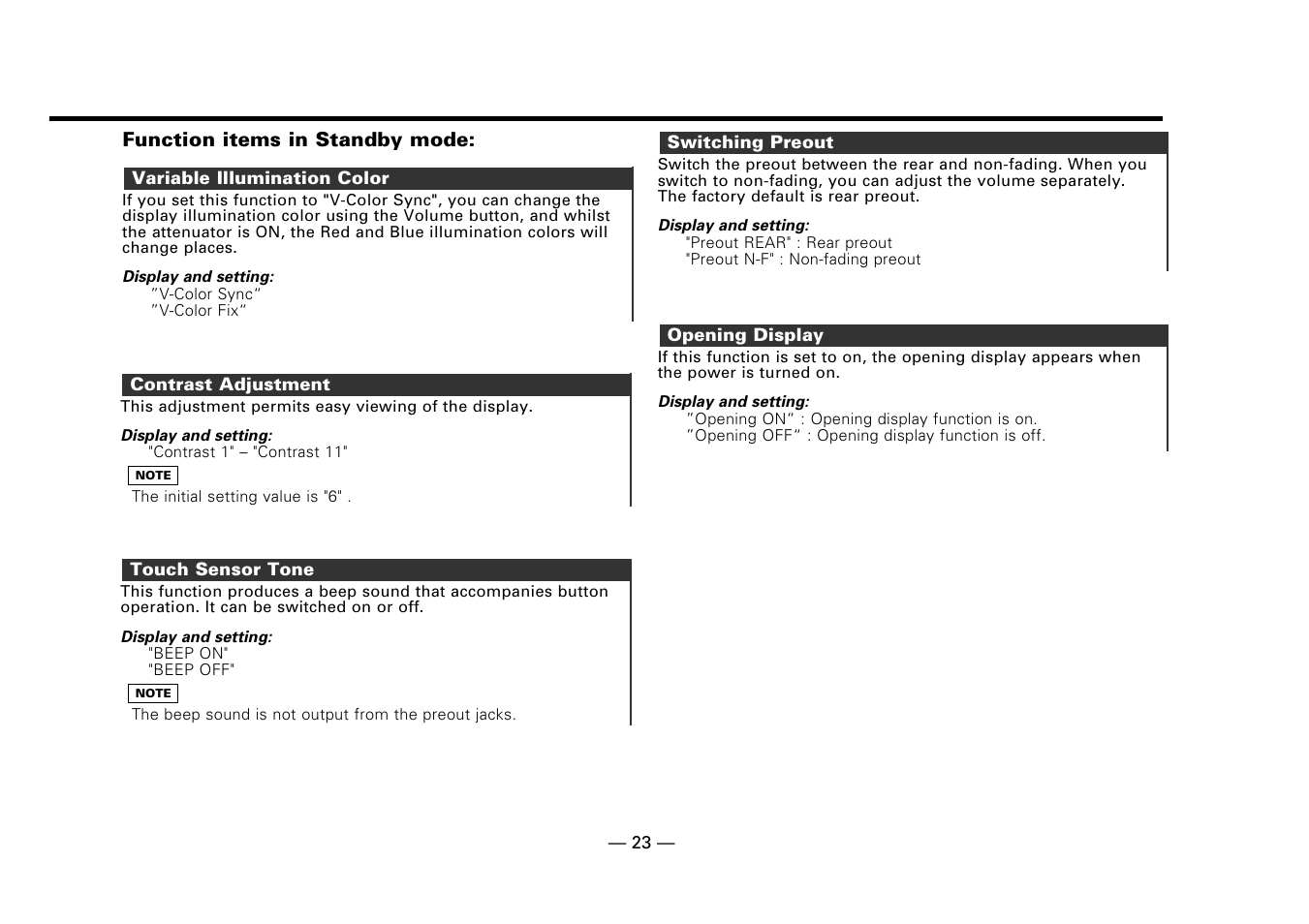 Variable illumination color, Contrast adjustment, Touch sensor tone | Switching preout, Opening display | Kenwood DPX-7010MD User Manual | Page 23 / 36