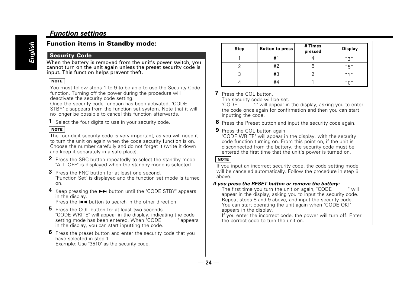 Security code, Function settings | Kenwood DPX-7010MD User Manual | Page 24 / 36