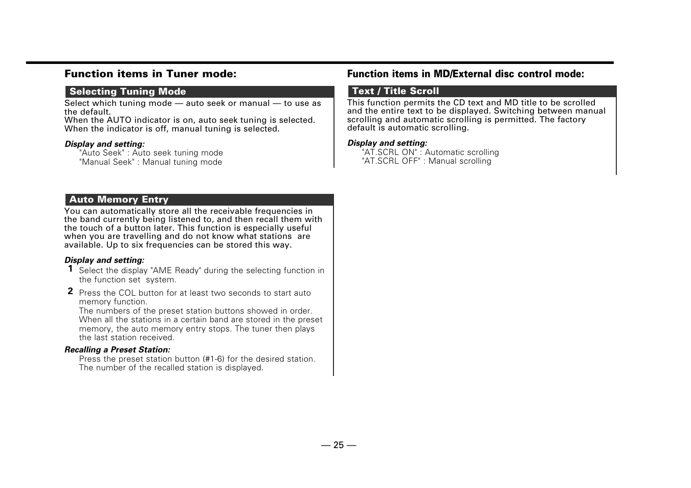 Selecting tuning mode, Auto memory entry, Text / title scroll | Kenwood DPX-7010MD User Manual | Page 25 / 36