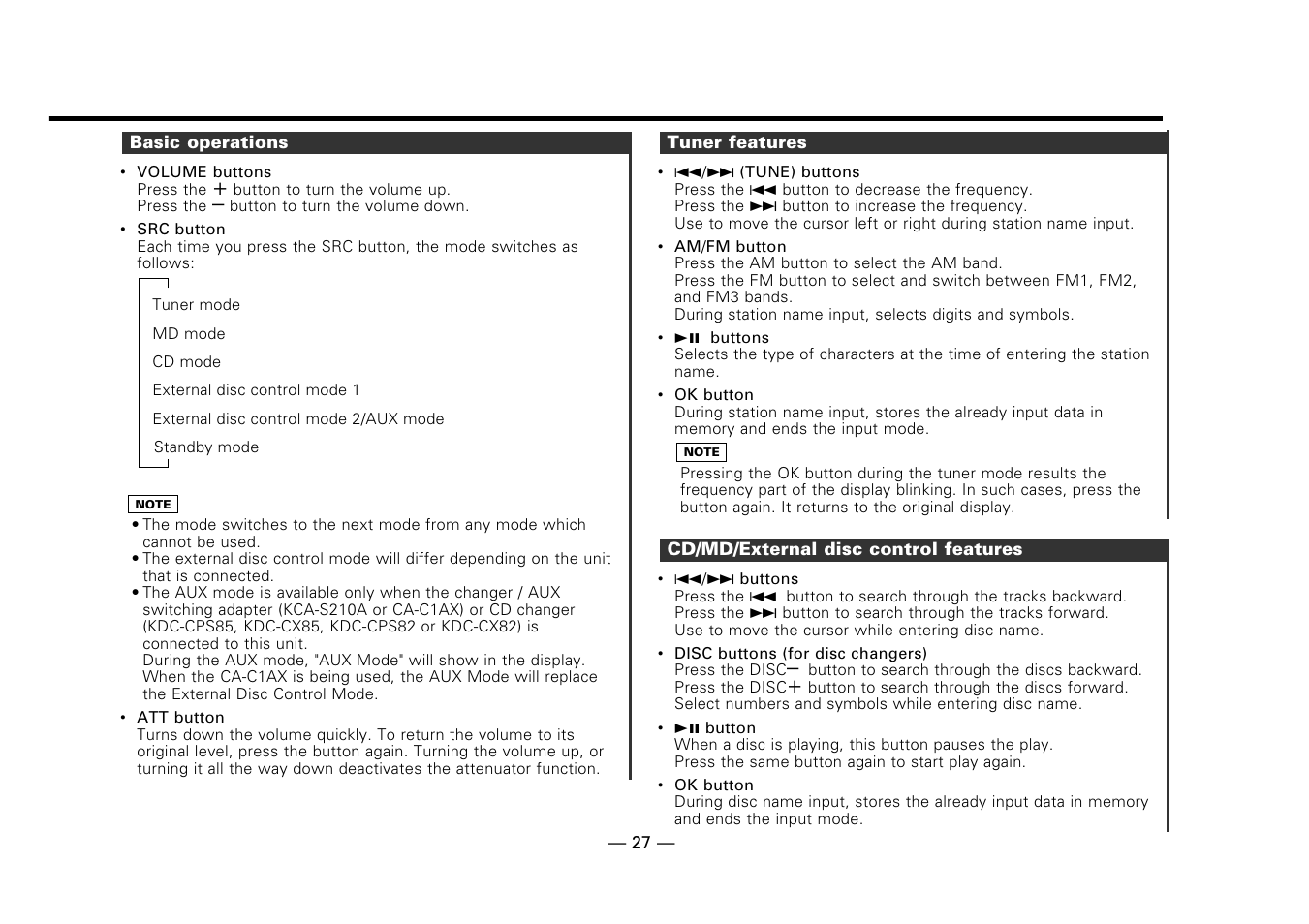 Basic operations, Tuner features, Cd/md/external disc control features | Kenwood DPX-7010MD User Manual | Page 27 / 36