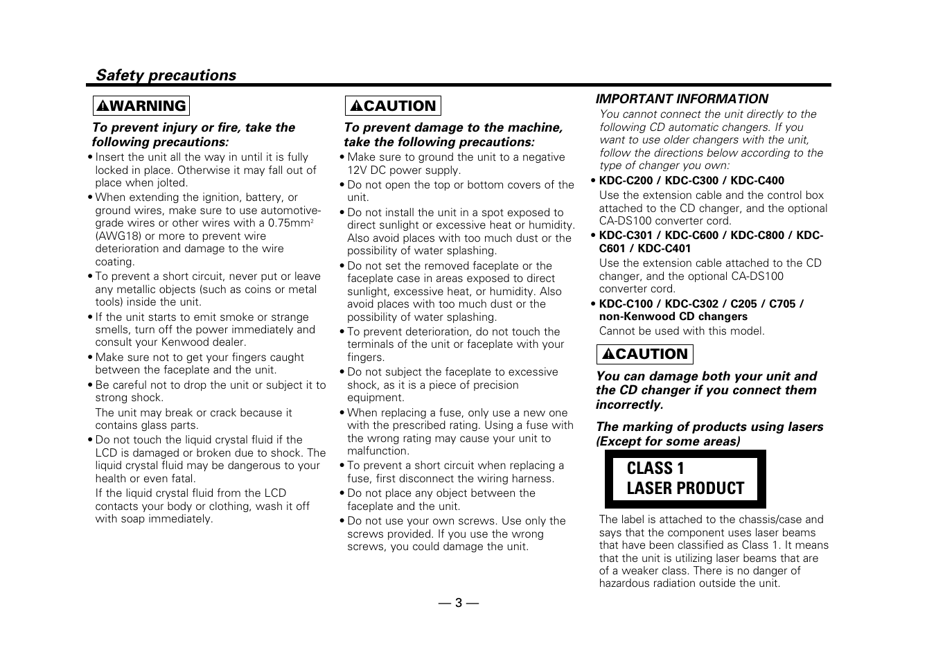 Safety precautions, Class 1 laser product | Kenwood DPX-7010MD User Manual | Page 3 / 36