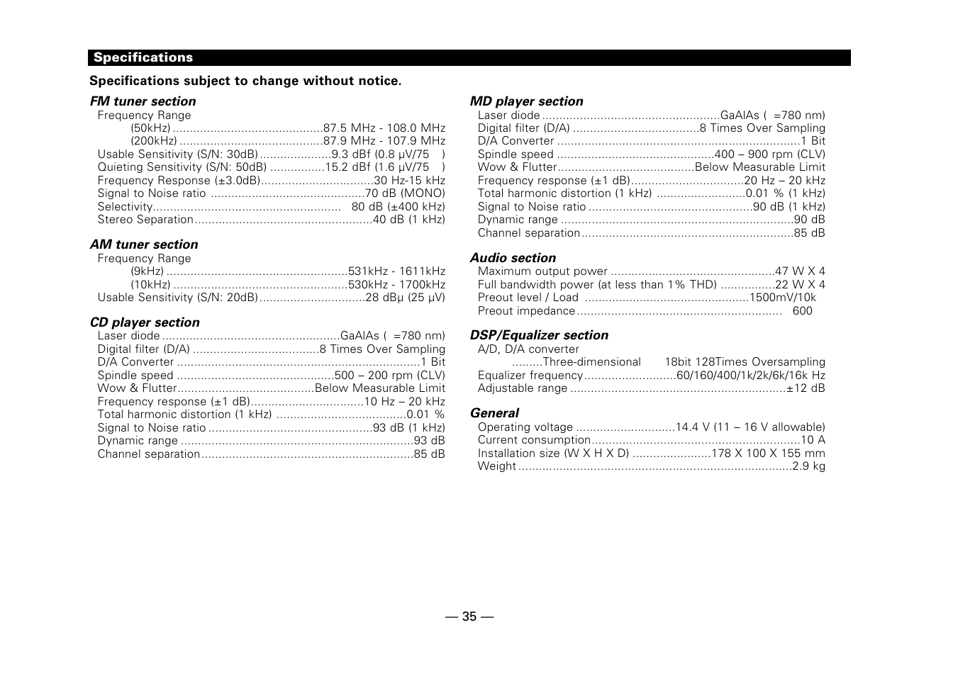 Specifications | Kenwood DPX-7010MD User Manual | Page 35 / 36