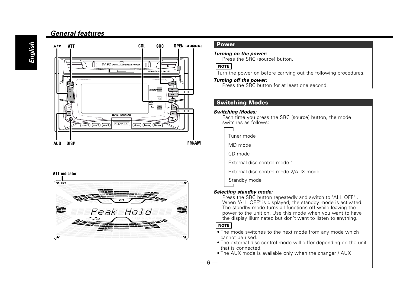 General features, Power, Switching modes | English | Kenwood DPX-7010MD User Manual | Page 6 / 36