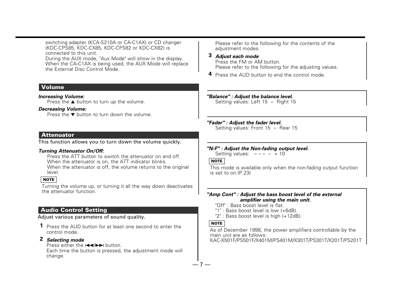 Volume, Attenuator, Audio control setting | Kenwood DPX-7010MD User Manual | Page 7 / 36