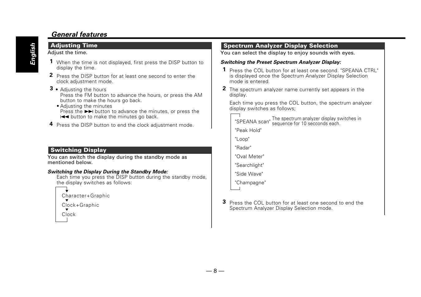 Adjusting time, Switching display, Spectrum analyzer display selection | General features | Kenwood DPX-7010MD User Manual | Page 8 / 36