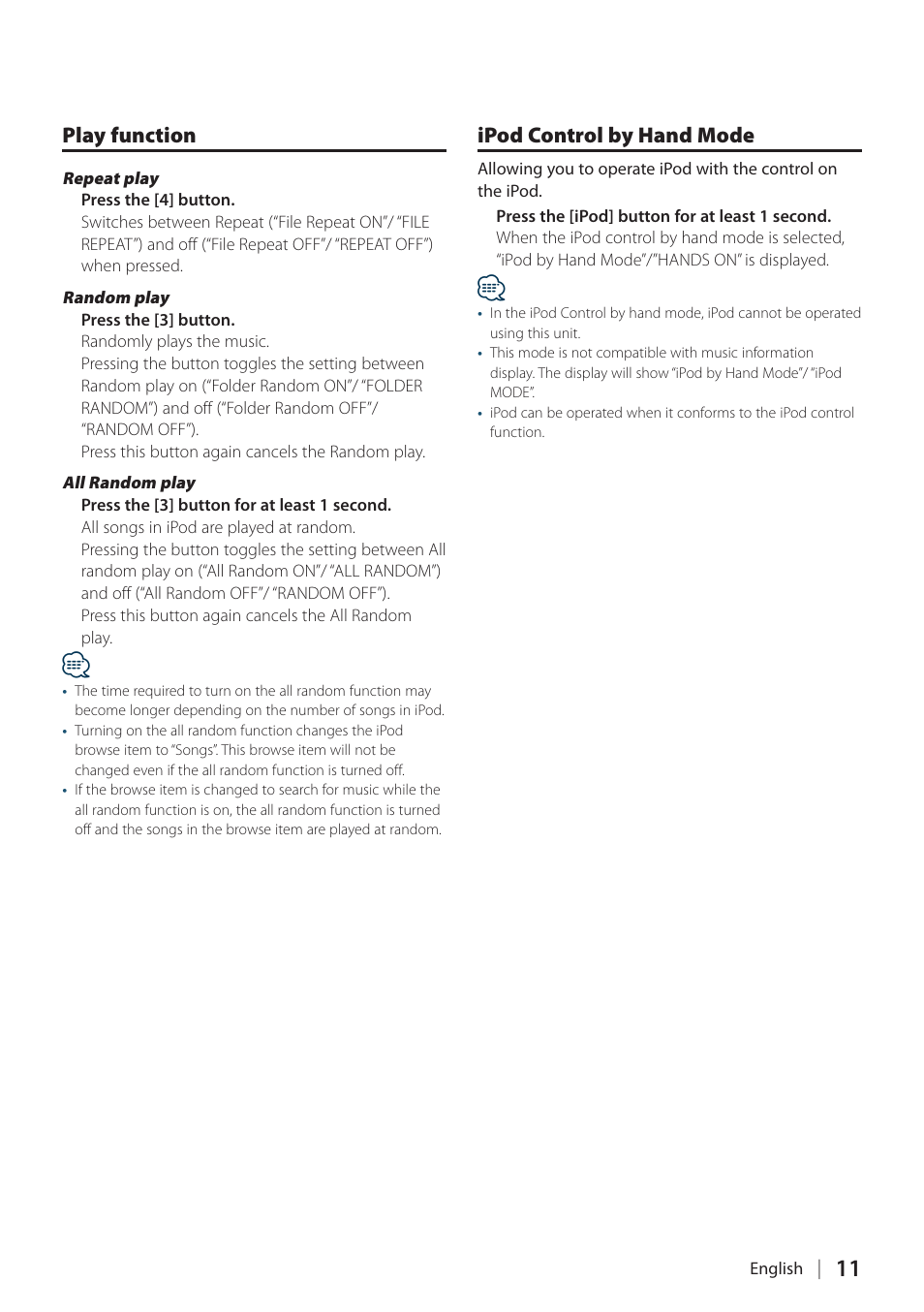 Play function, Ipod control by hand mode, Play function ipod control by hand mode | Kenwood DPX304 User Manual | Page 11 / 79