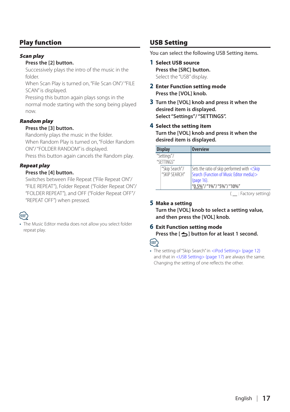 Play function, Usb setting, Play function usb setting | Kenwood DPX304 User Manual | Page 17 / 79