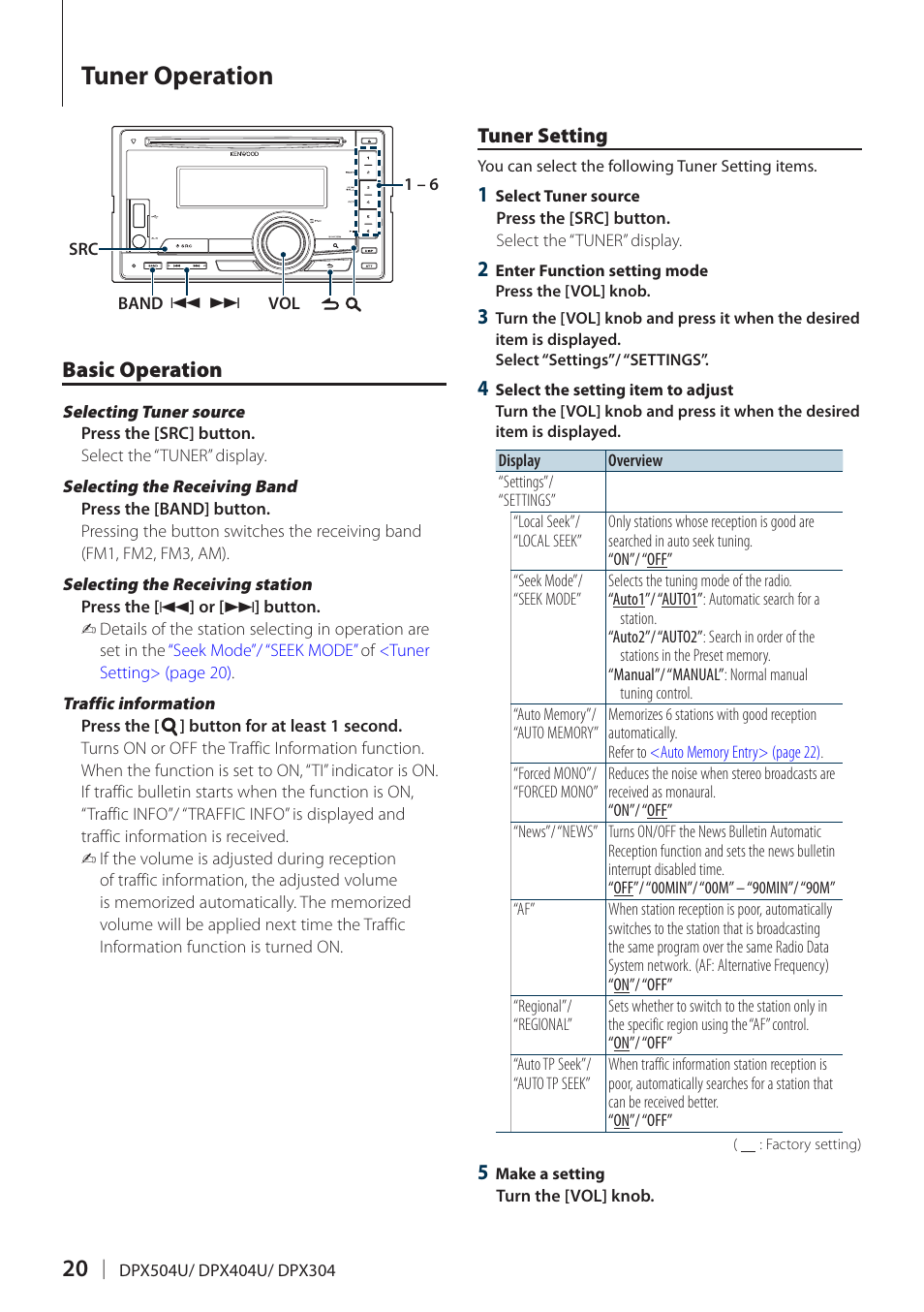 Tuner operation, Basic operation, Tuner setting | Basic operation tuner setting | Kenwood DPX304 User Manual | Page 20 / 79