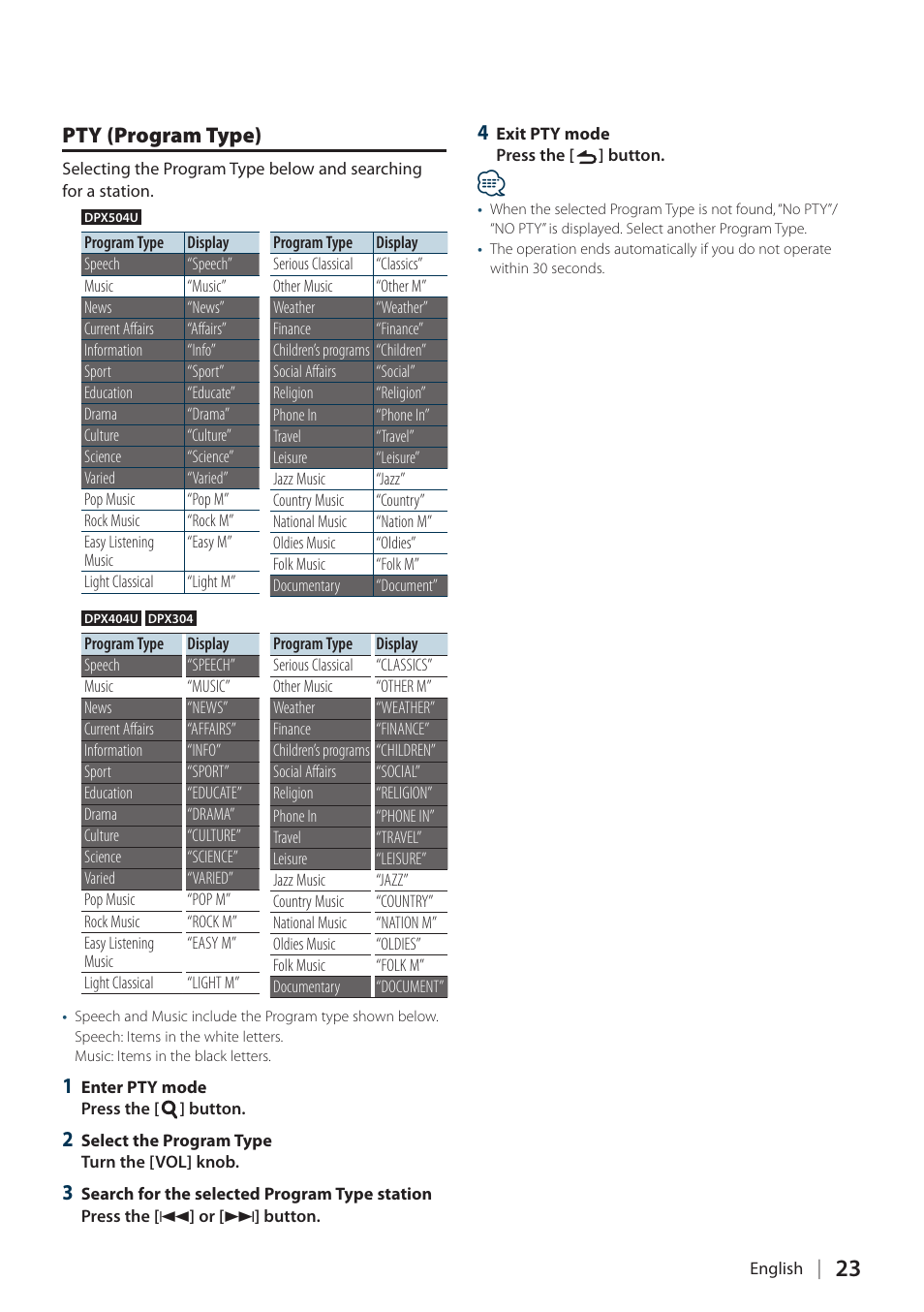 Pty (program type) | Kenwood DPX304 User Manual | Page 23 / 79