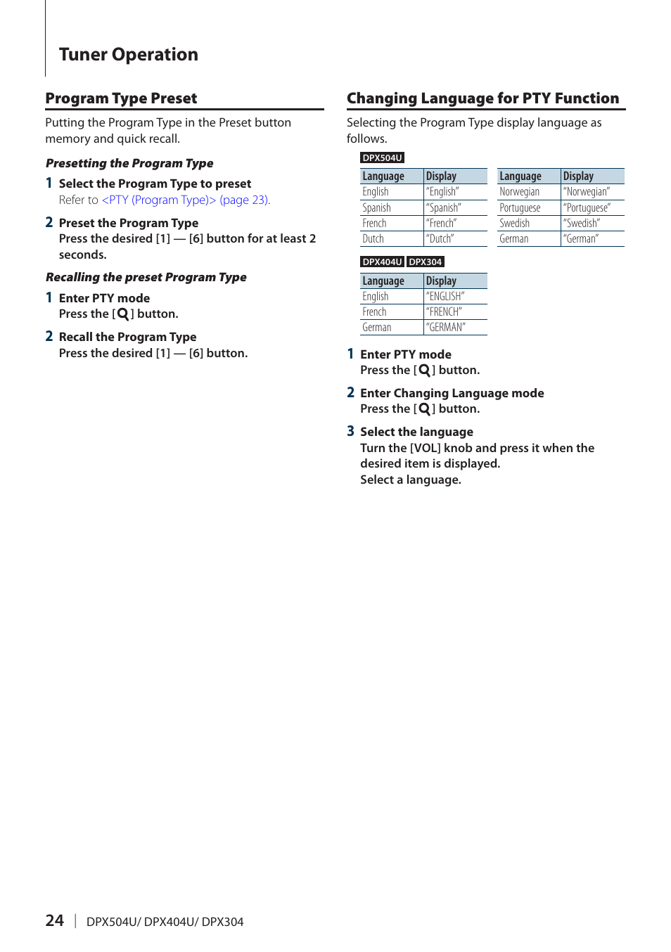 Program type preset, Changing language for pty function, Tuner operation | Kenwood DPX304 User Manual | Page 24 / 79