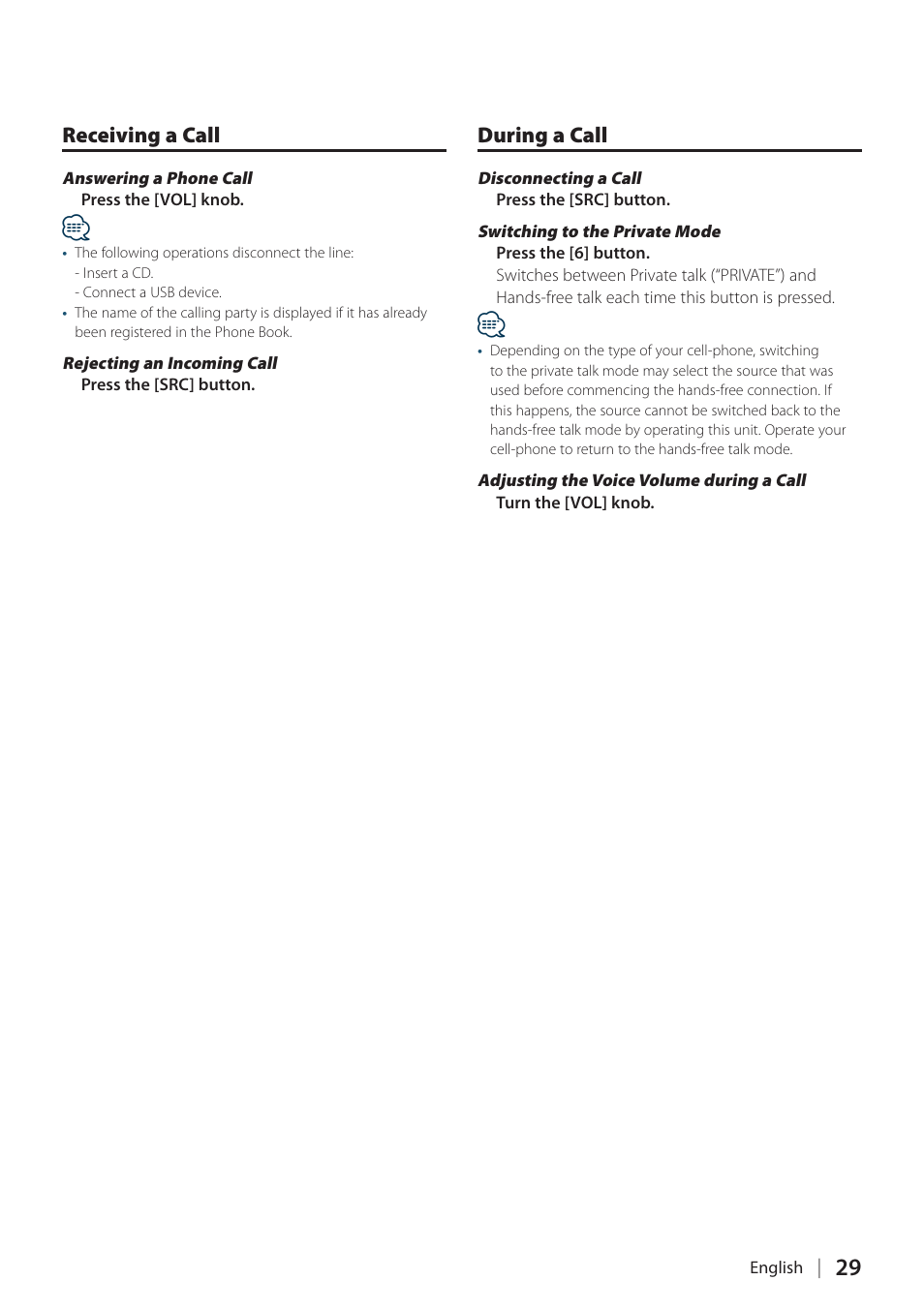 Receiving a call, During a call, Receiving a call during a call | Kenwood DPX304 User Manual | Page 29 / 79