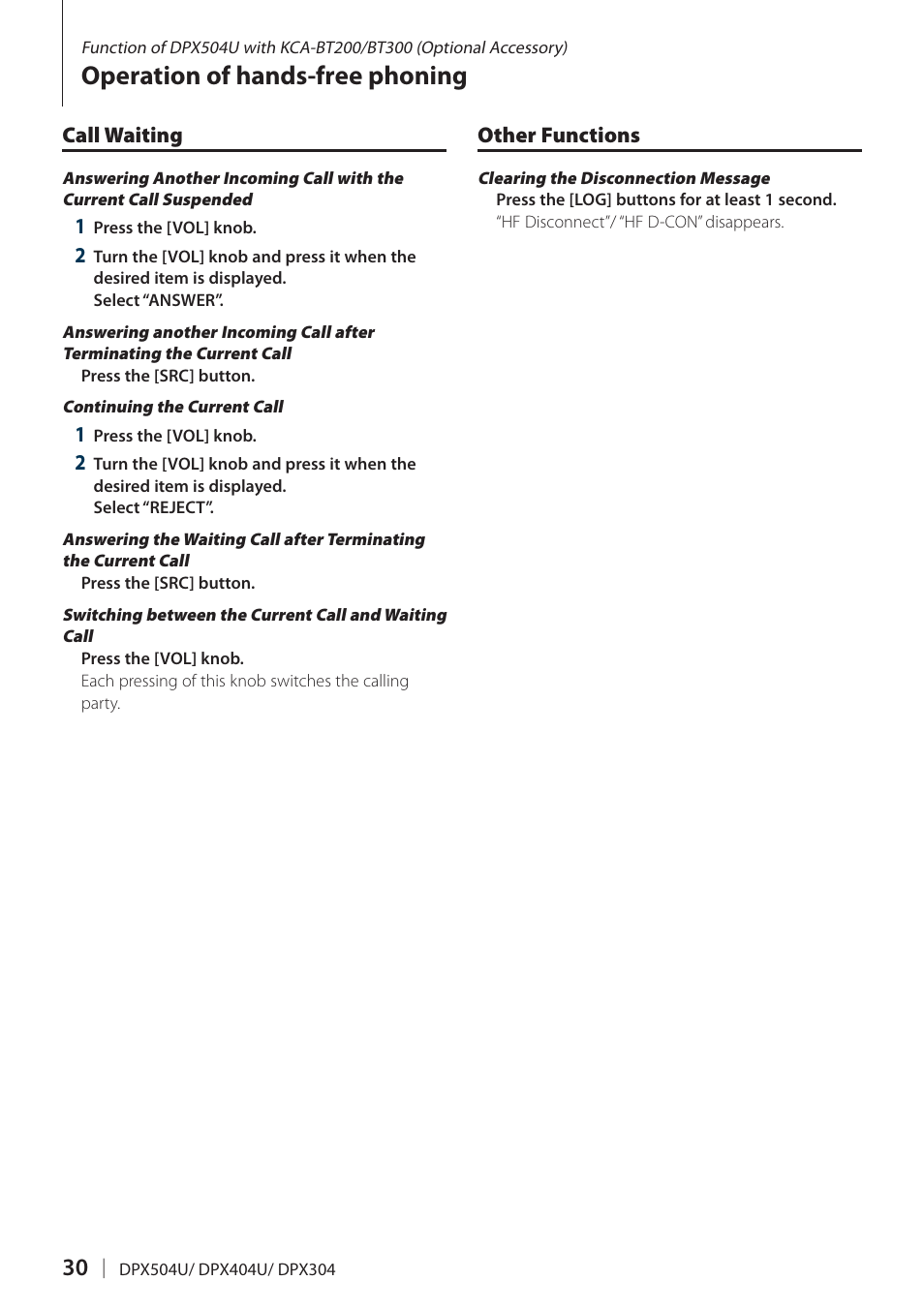 Call waiting, Other functions, Call waiting other functions | Operation of hands-free phoning | Kenwood DPX304 User Manual | Page 30 / 79