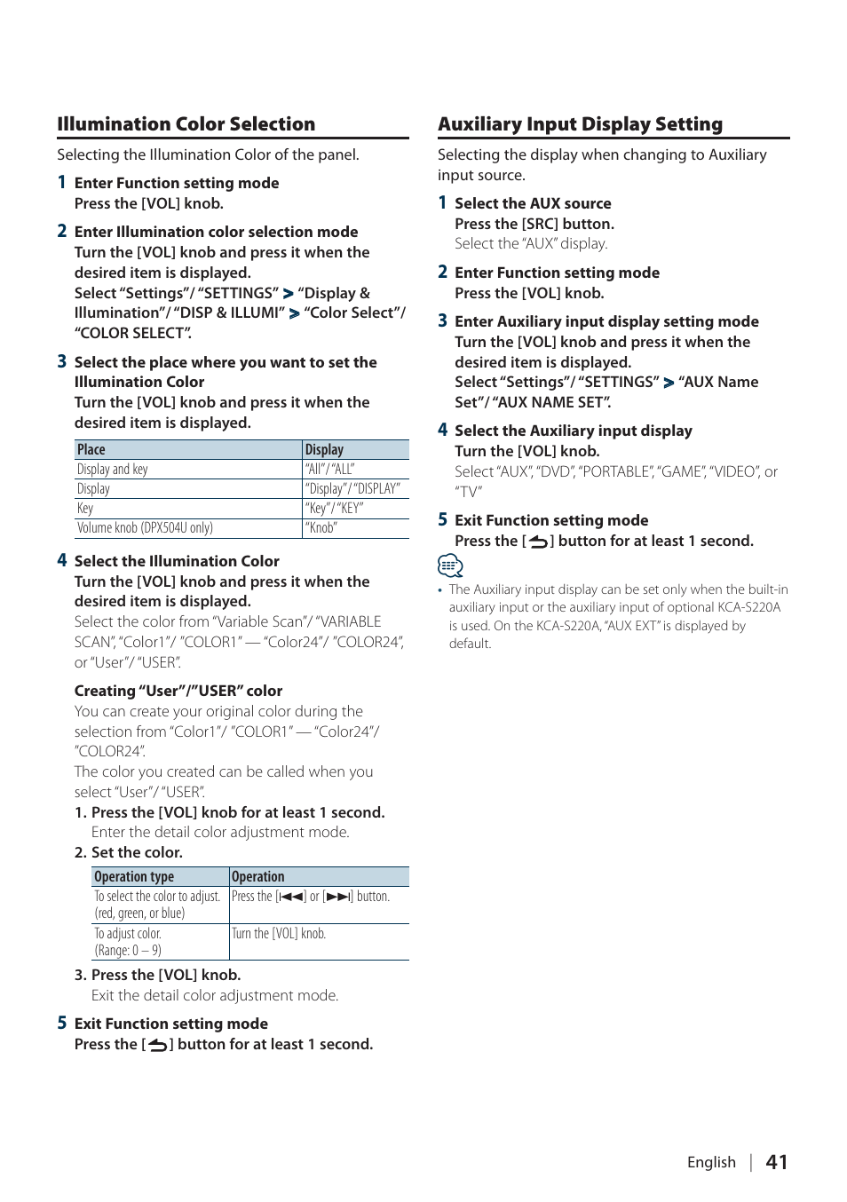 Illumination color selection, Auxiliary input display setting | Kenwood DPX304 User Manual | Page 41 / 79