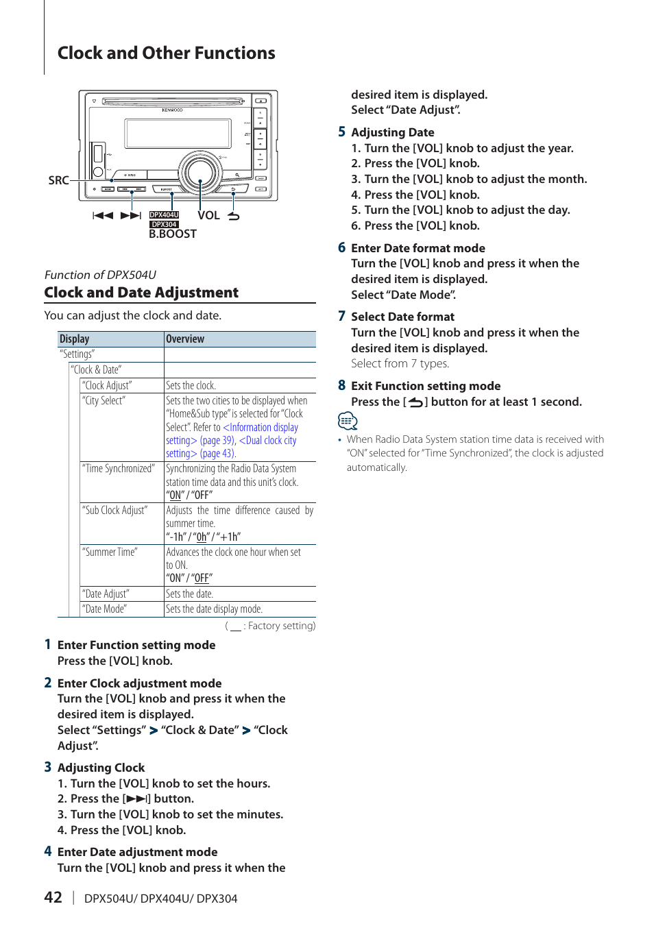 Clock and other functions, Clock and date adjustment | Kenwood DPX304 User Manual | Page 42 / 79