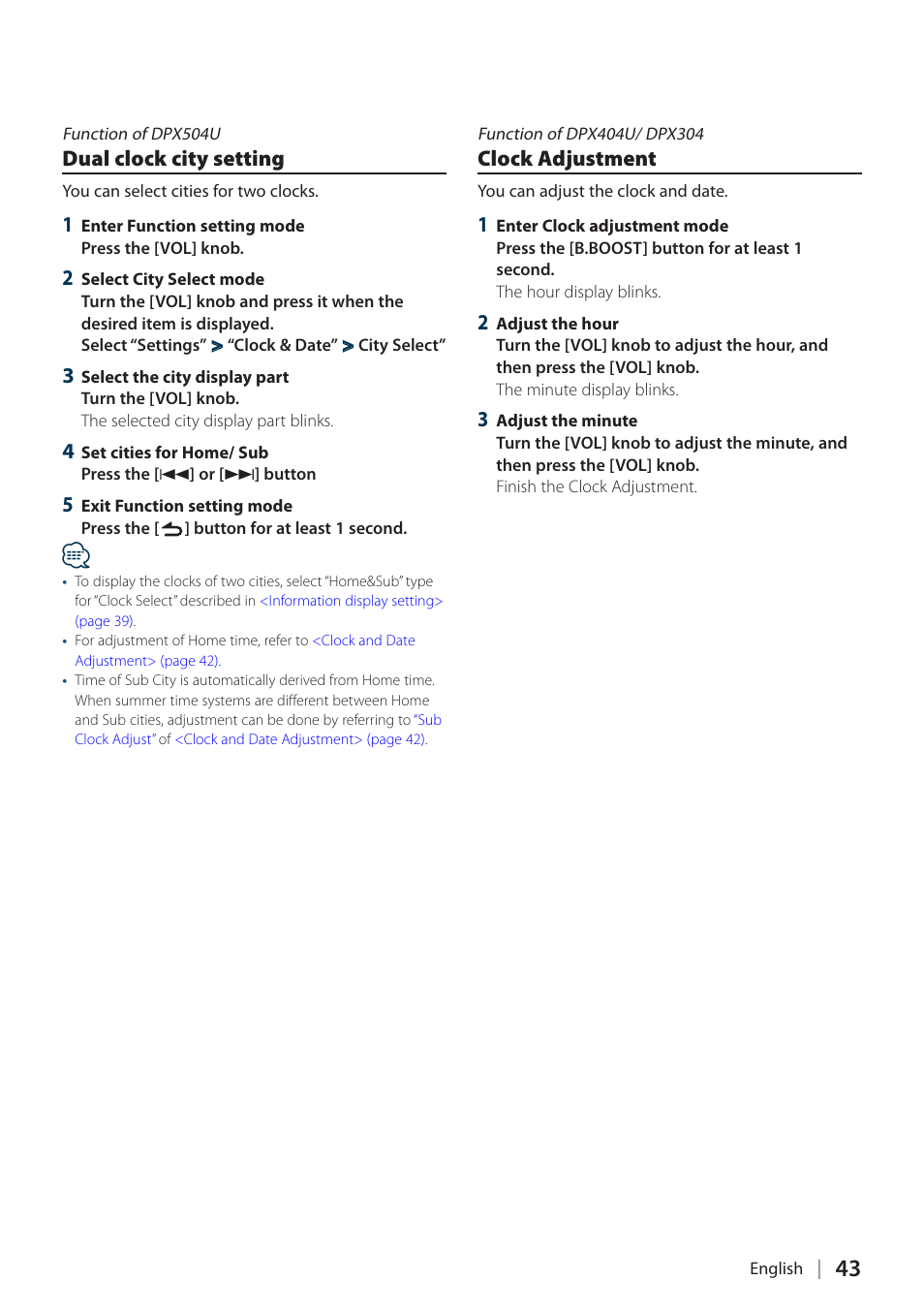 Dual clock city setting, Clock adjustment, Dual clock city setting clock adjustment | Kenwood DPX304 User Manual | Page 43 / 79