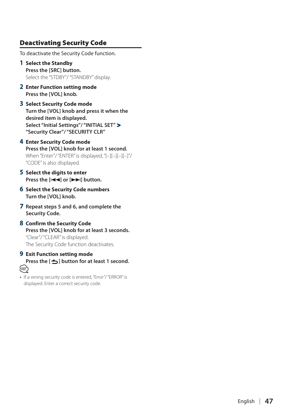 Deactivating security code | Kenwood DPX304 User Manual | Page 47 / 79