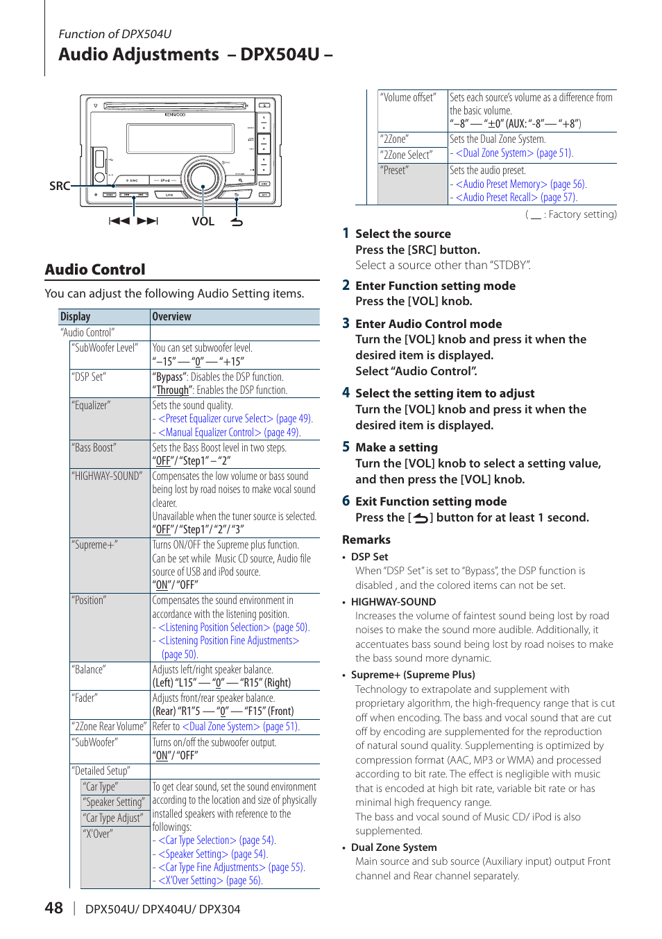 Audio adjustments – dpx504u, Audio control | Kenwood DPX304 User Manual | Page 48 / 79