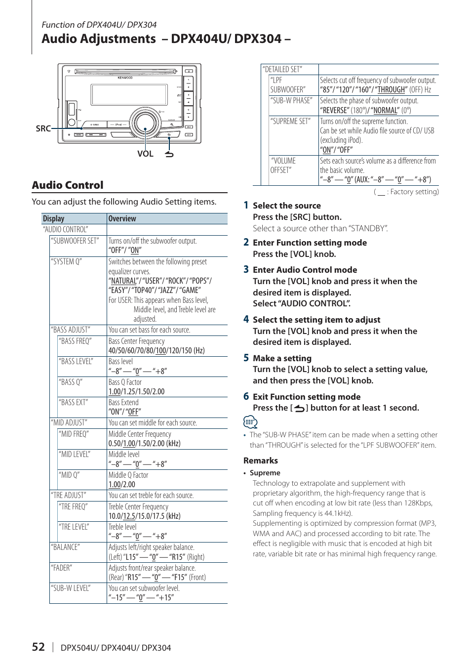 Audio adjustments – dpx404u/ dpx304, Audio control, Audio adjustments | Dpx404u/ dpx304 | Kenwood DPX304 User Manual | Page 52 / 79