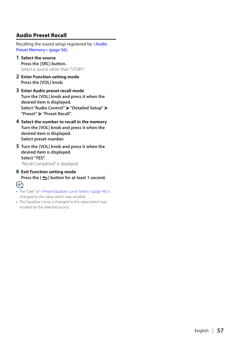 Audio preset recall | Kenwood DPX304 User Manual | Page 57 / 79