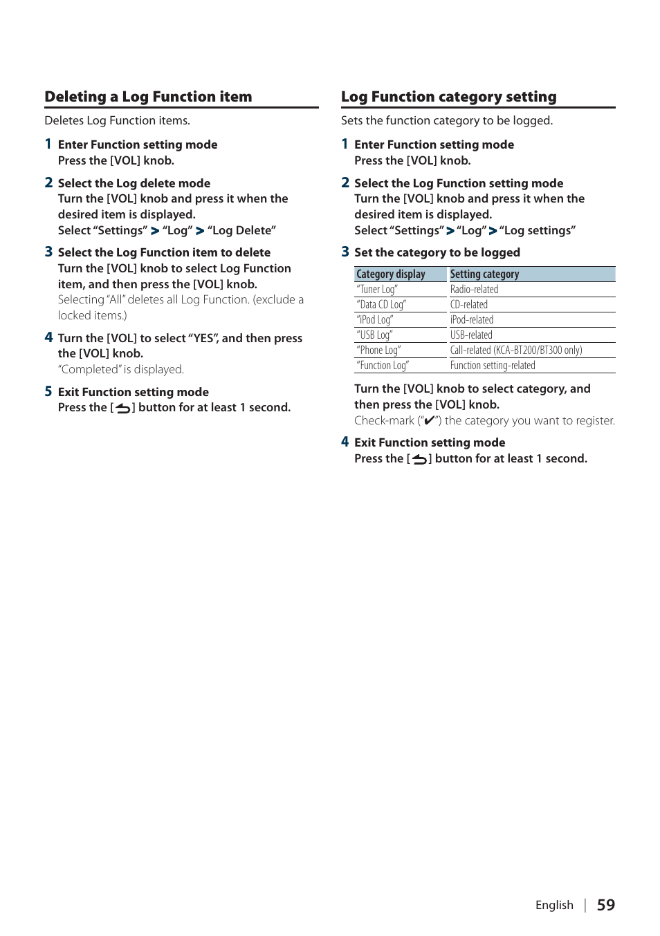 Deleting a log function item, Log function category setting | Kenwood DPX304 User Manual | Page 59 / 79