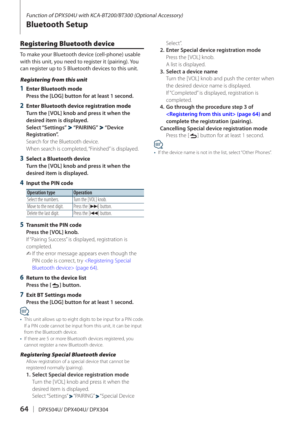 Registering bluetooth device, Bluetooth setup | Kenwood DPX304 User Manual | Page 64 / 79