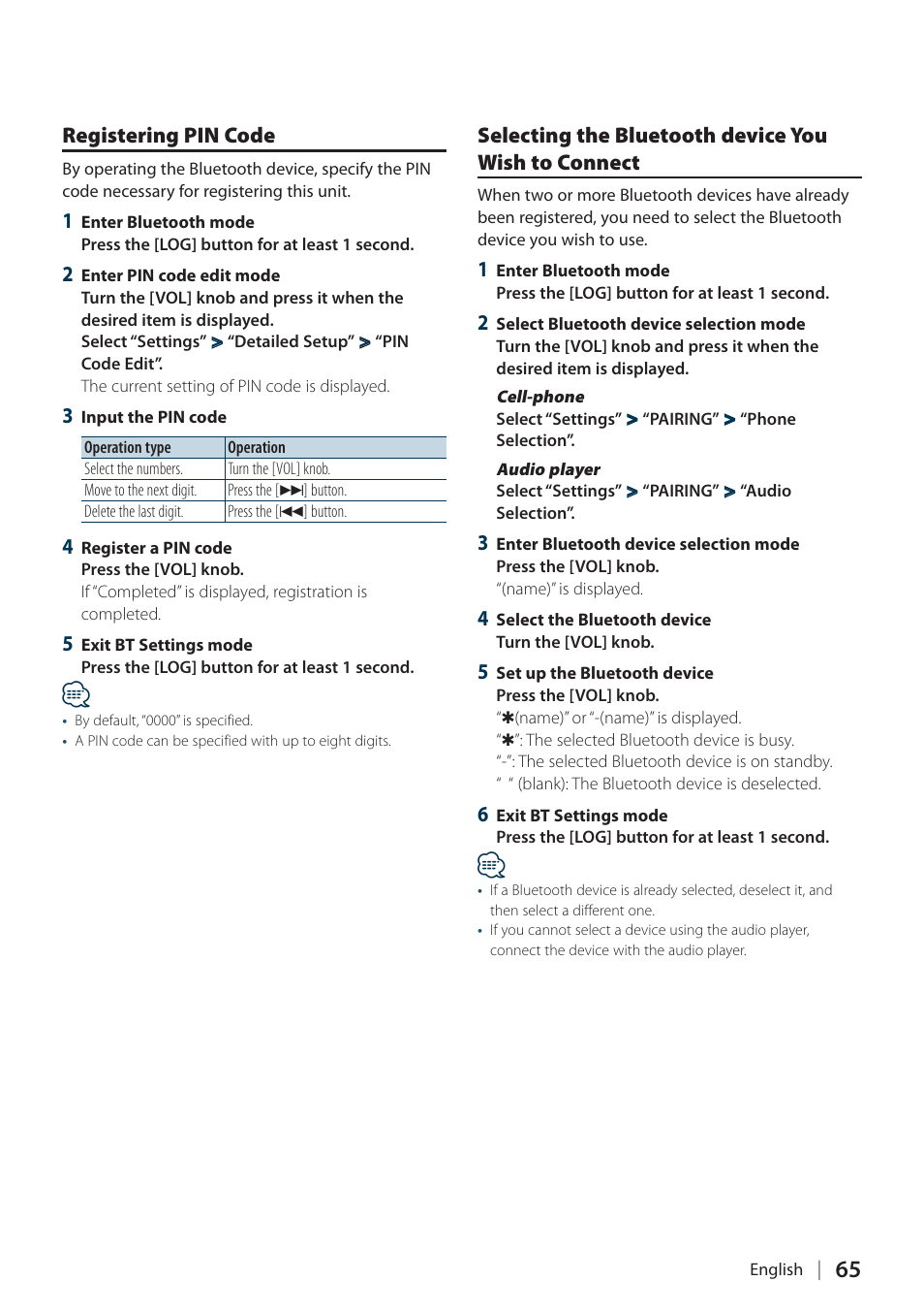 Registering pin code, Selecting the bluetooth device you wish to connect, Connect | Kenwood DPX304 User Manual | Page 65 / 79