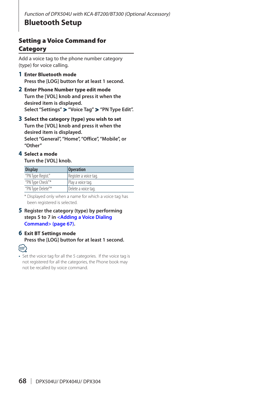 Setting a voice command for category, Bluetooth setup | Kenwood DPX304 User Manual | Page 68 / 79