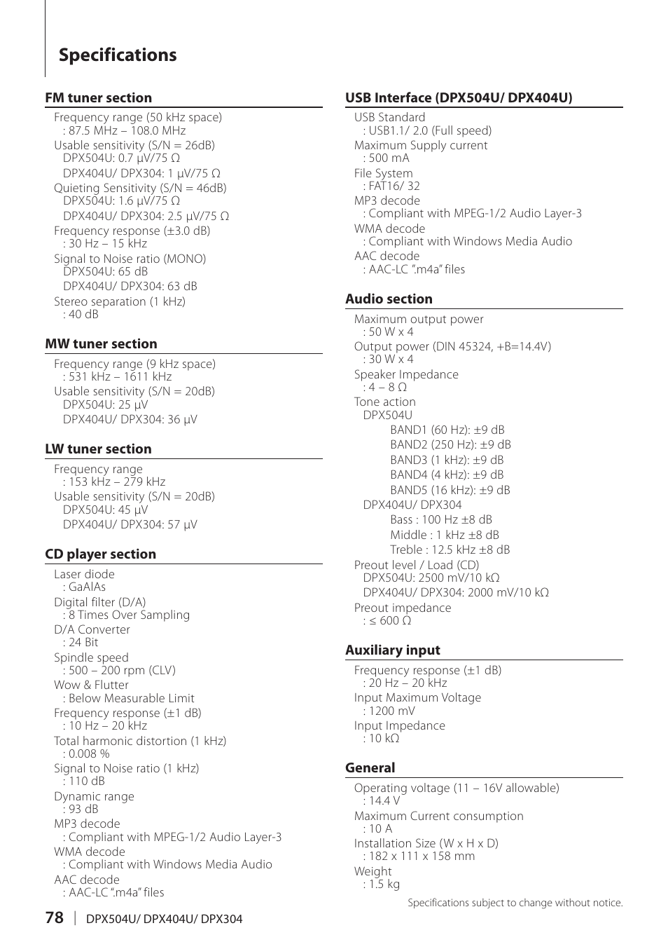 Specifications | Kenwood DPX304 User Manual | Page 78 / 79