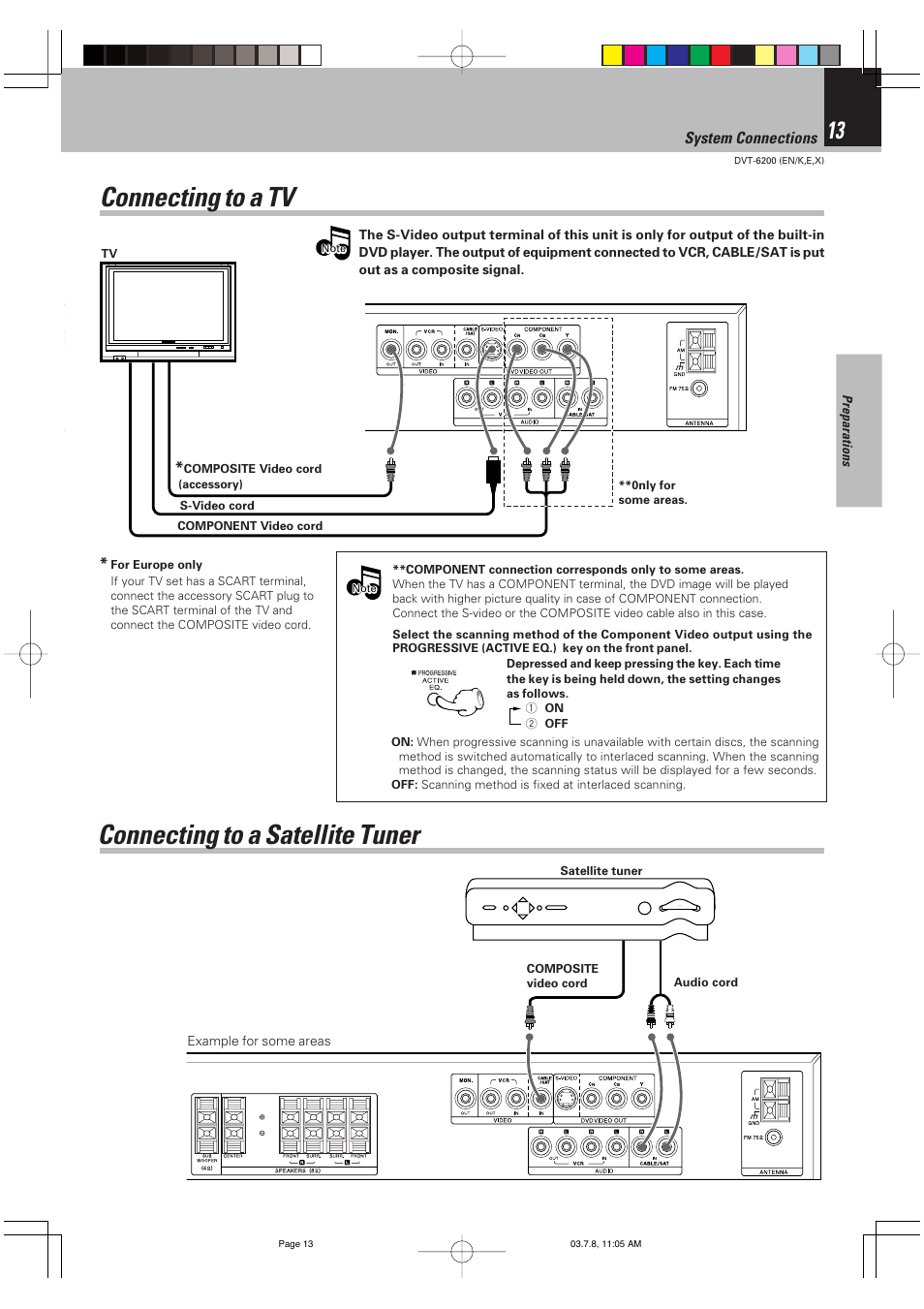 Connecting to a tv, Connecting to a satellite tuner, Connecting to a tv connecting to a satellite tuner | System connections | Kenwood DVT-6200 User Manual | Page 13 / 60