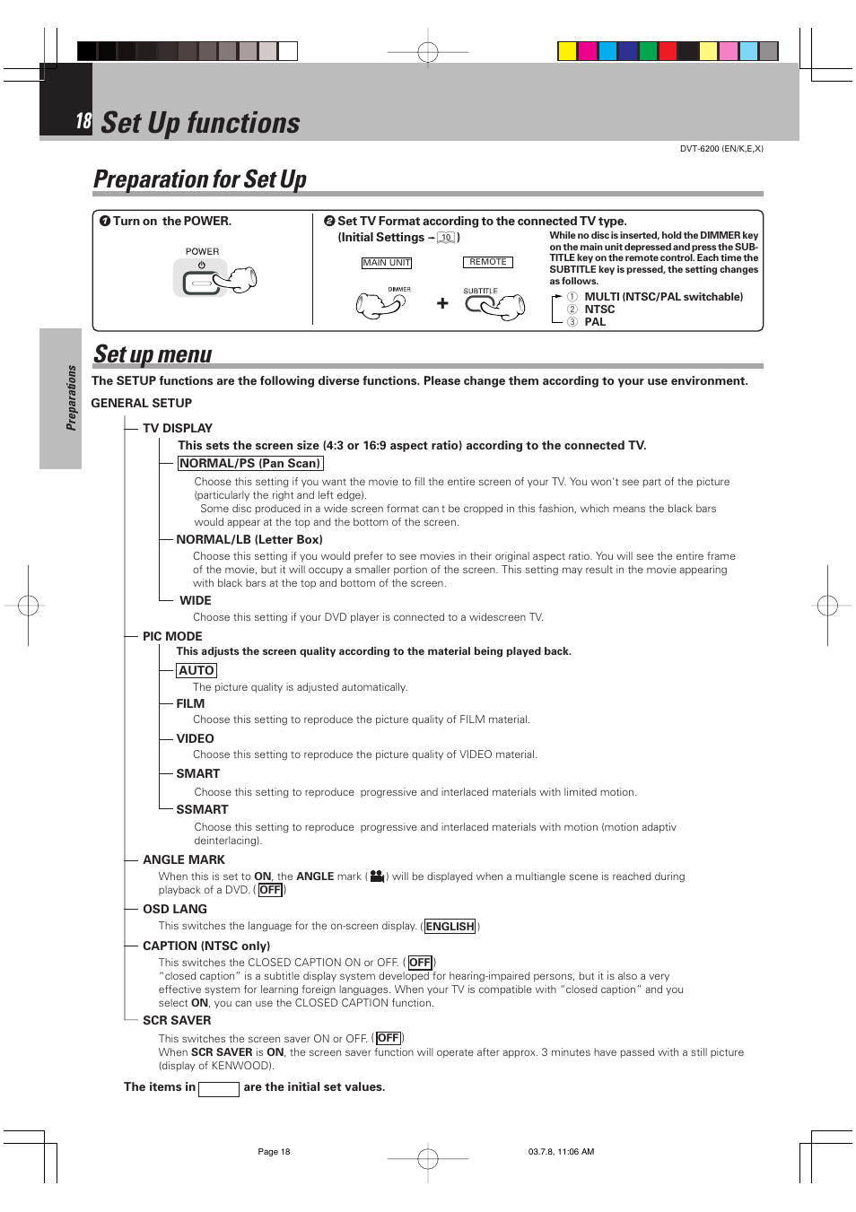 Set up functions, Preparation for set up, Set up menu | Kenwood DVT-6200 User Manual | Page 18 / 60