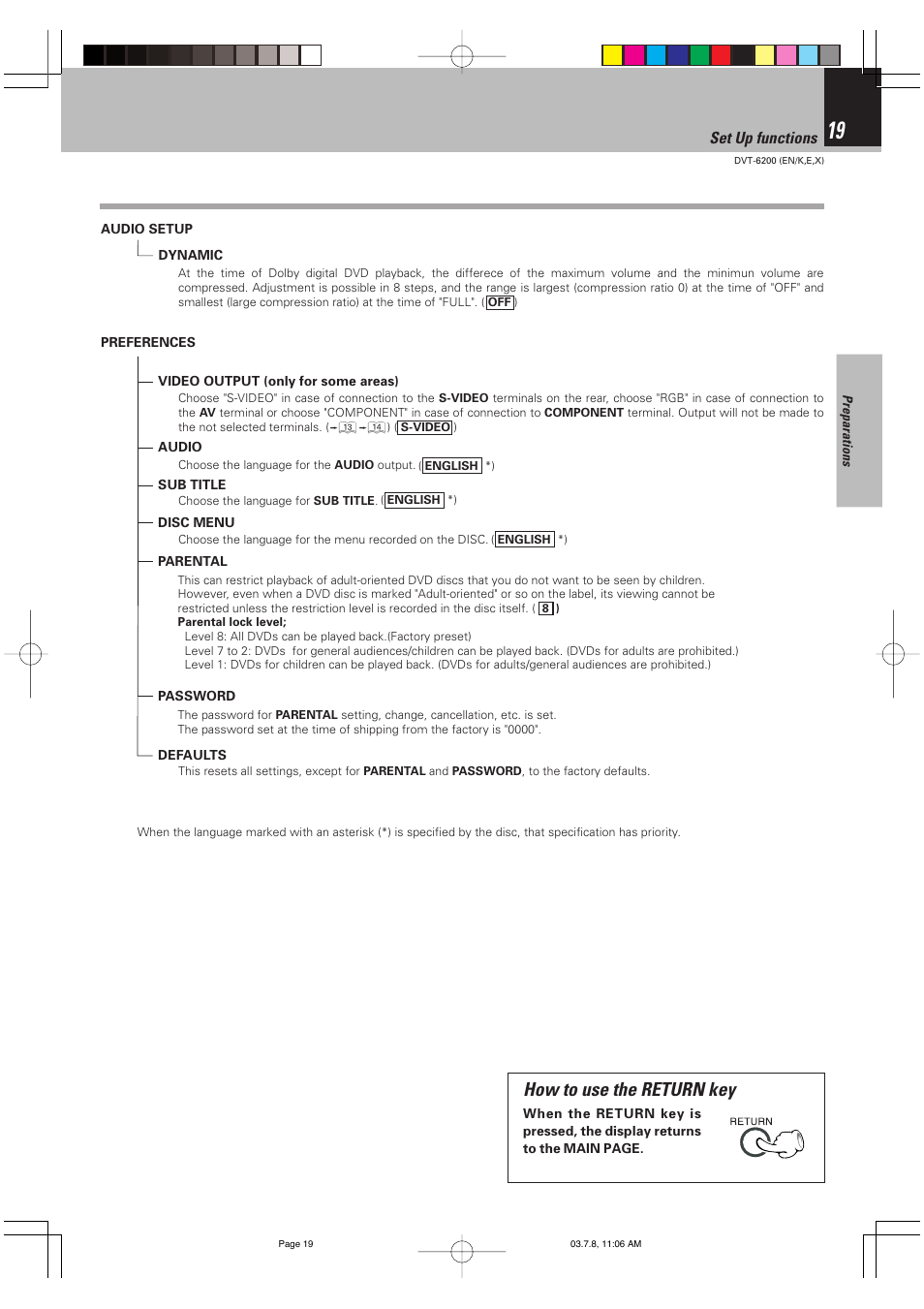 How to use the return key, Set up functions | Kenwood DVT-6200 User Manual | Page 19 / 60