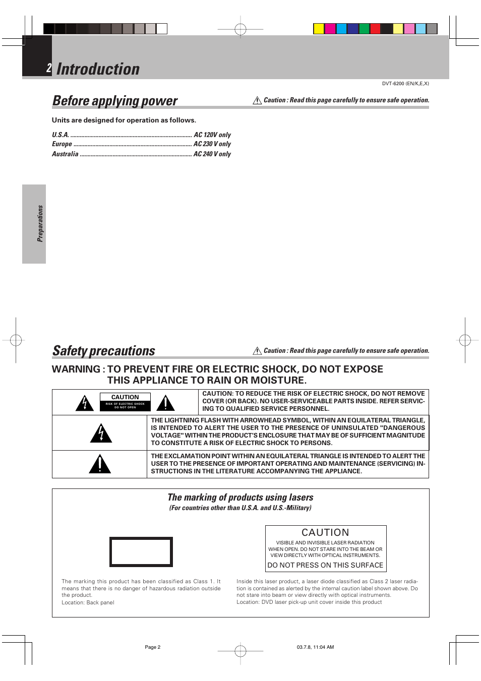 Preparations, Introduction, Before applying power | Safety precautions, The marking of products using lasers, Caution | Kenwood DVT-6200 User Manual | Page 2 / 60