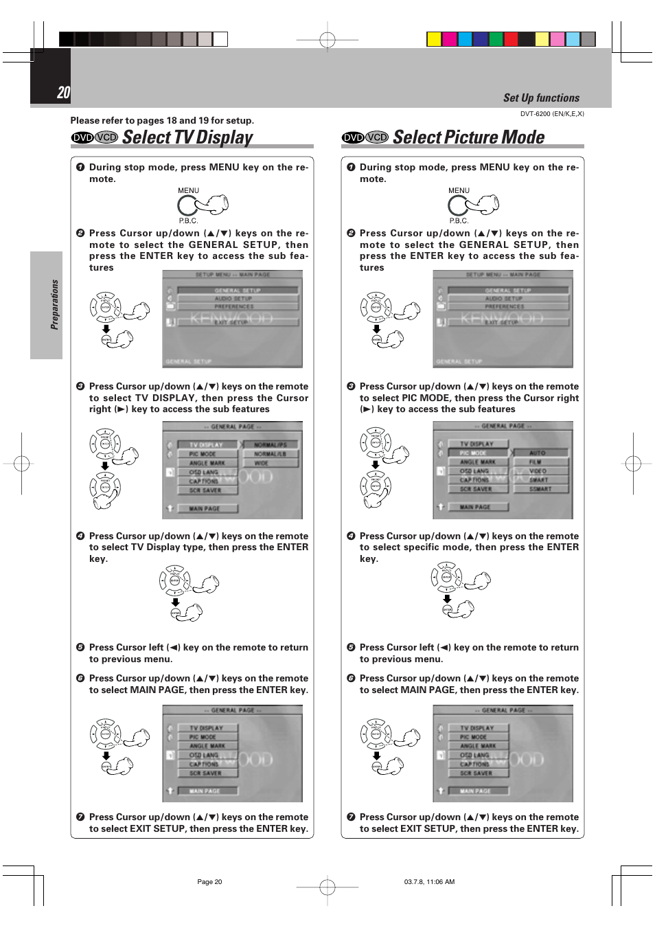 Select tv display, Select picture mode, Select tv display select picture mode | Kenwood DVT-6200 User Manual | Page 20 / 60