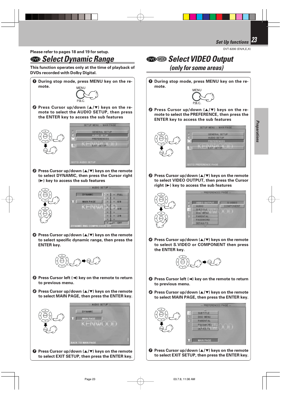 Select dynamic range, Select video output (only for some areas), Select video output | Only for some areas) | Kenwood DVT-6200 User Manual | Page 23 / 60