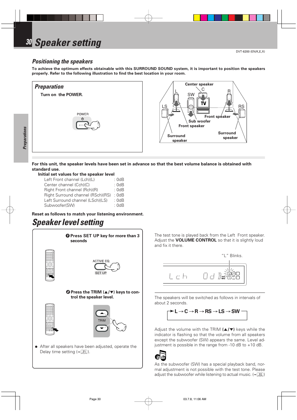 Speaker setting, Speaker level setting, Positioning the speakers | Preparation | Kenwood DVT-6200 User Manual | Page 30 / 60